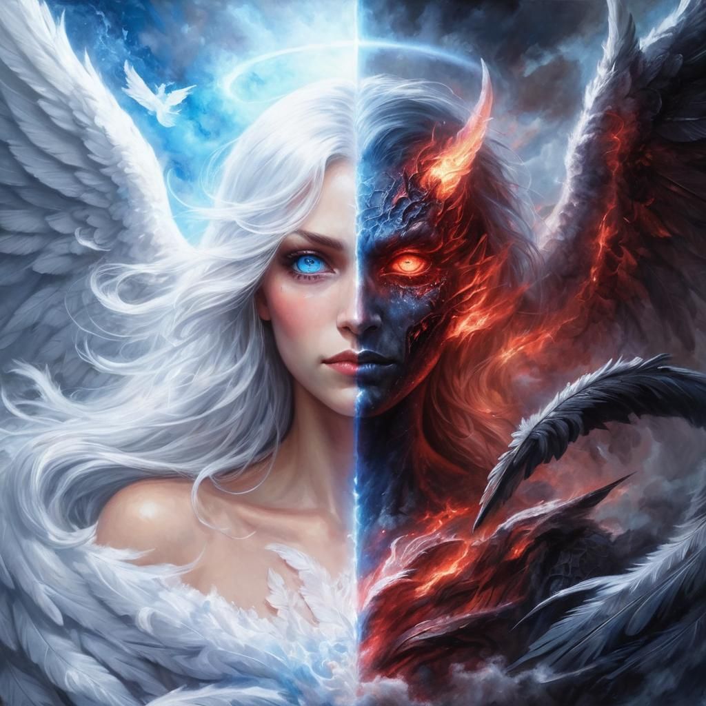 1024x1024 A Stunningly Detailed Half Angel, Half Demon Portrait, With One Side Of The Figure Gentle And Radiant, Featuring A Serene Smile, Glowing Blu