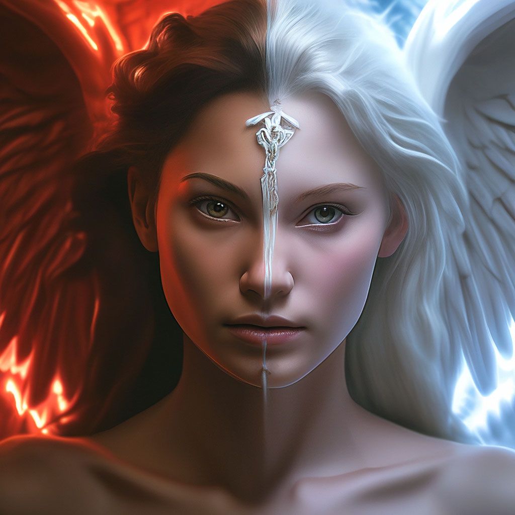 1024x1024 Half Angel, Half Demon, Good And Evil, Hyperrealism, Aesthetically Pleasing, Close Up, Fine Facial Features, High