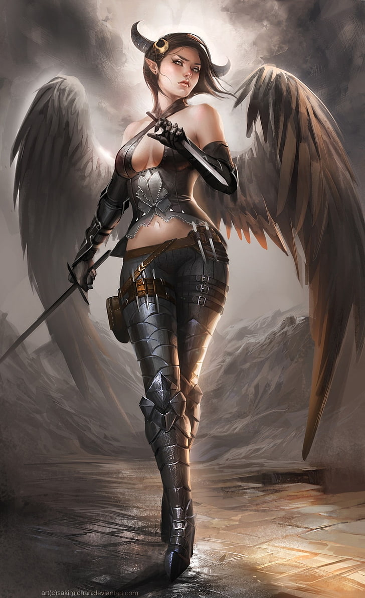 728x1191 HD wallpaper: women paintings wings horns fantasy art fallen digital art artwork airbrushed sakimichan demon 12 Abstract Fantasy HD Art