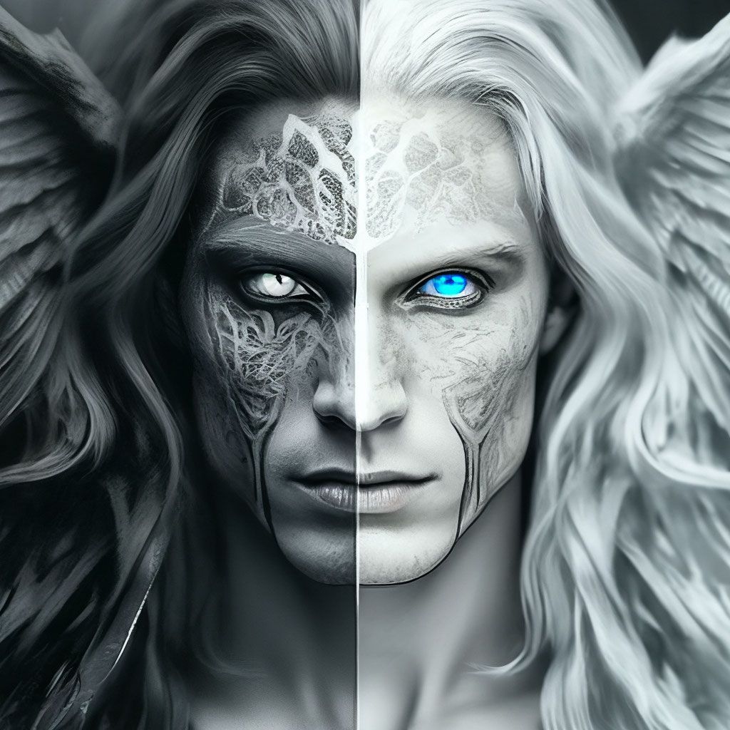 1024x1024 Angel and demon in one body, a man of two halves: half white angel + half black demon, long hair, split personality