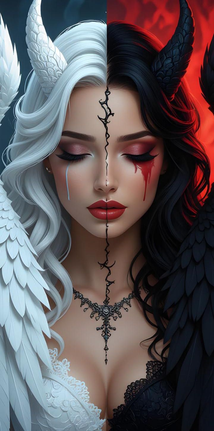 720x1448 Angels and demons wallpaper. Evil angel and devil, Punisher picture, Good and evil tattoos women