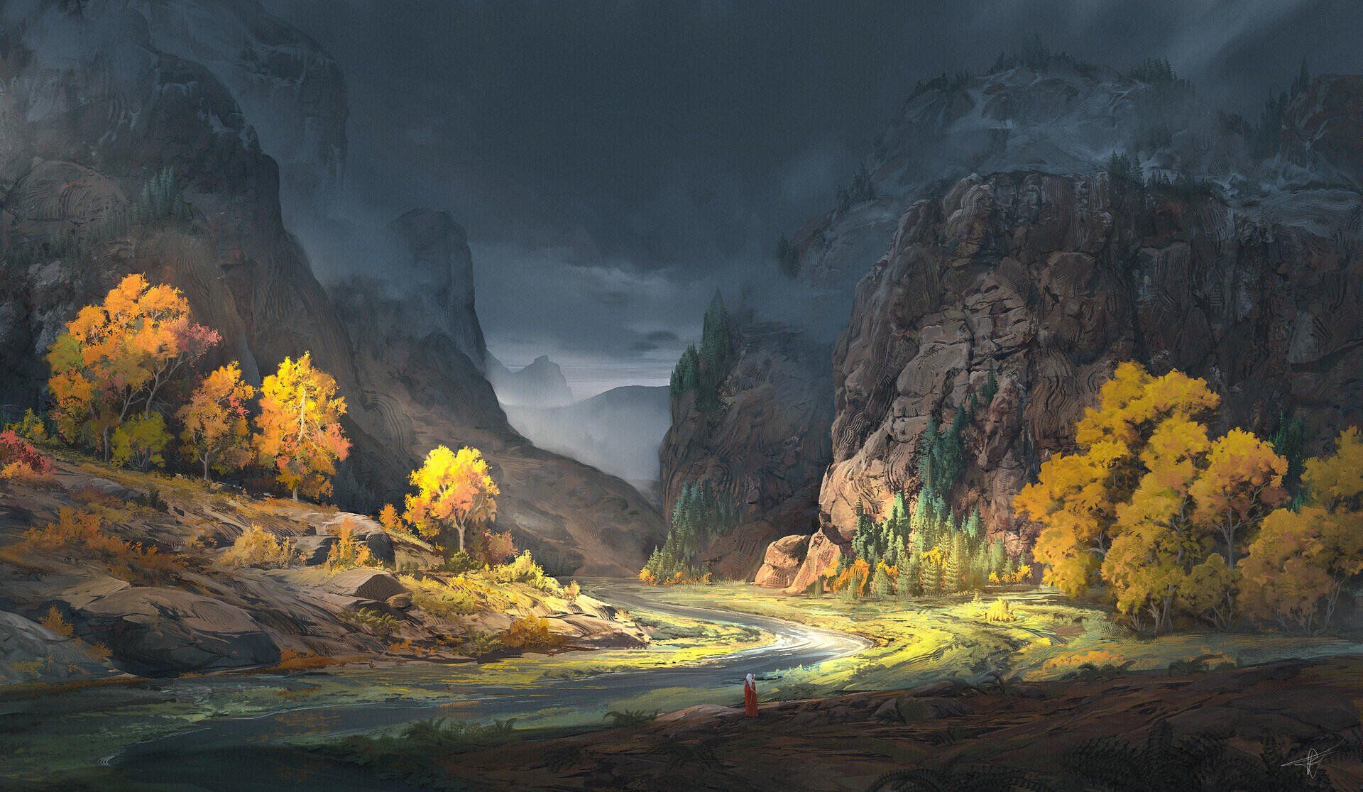1920x1116 HD Mountain Landscape Wallpaper with Dramatic Cloudscape and Autumn Foliage