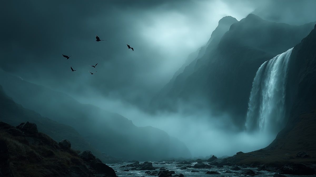 1200x673 Misty Mountain Waterfall Mural Wallpaper. Dark Cinematic Landscape