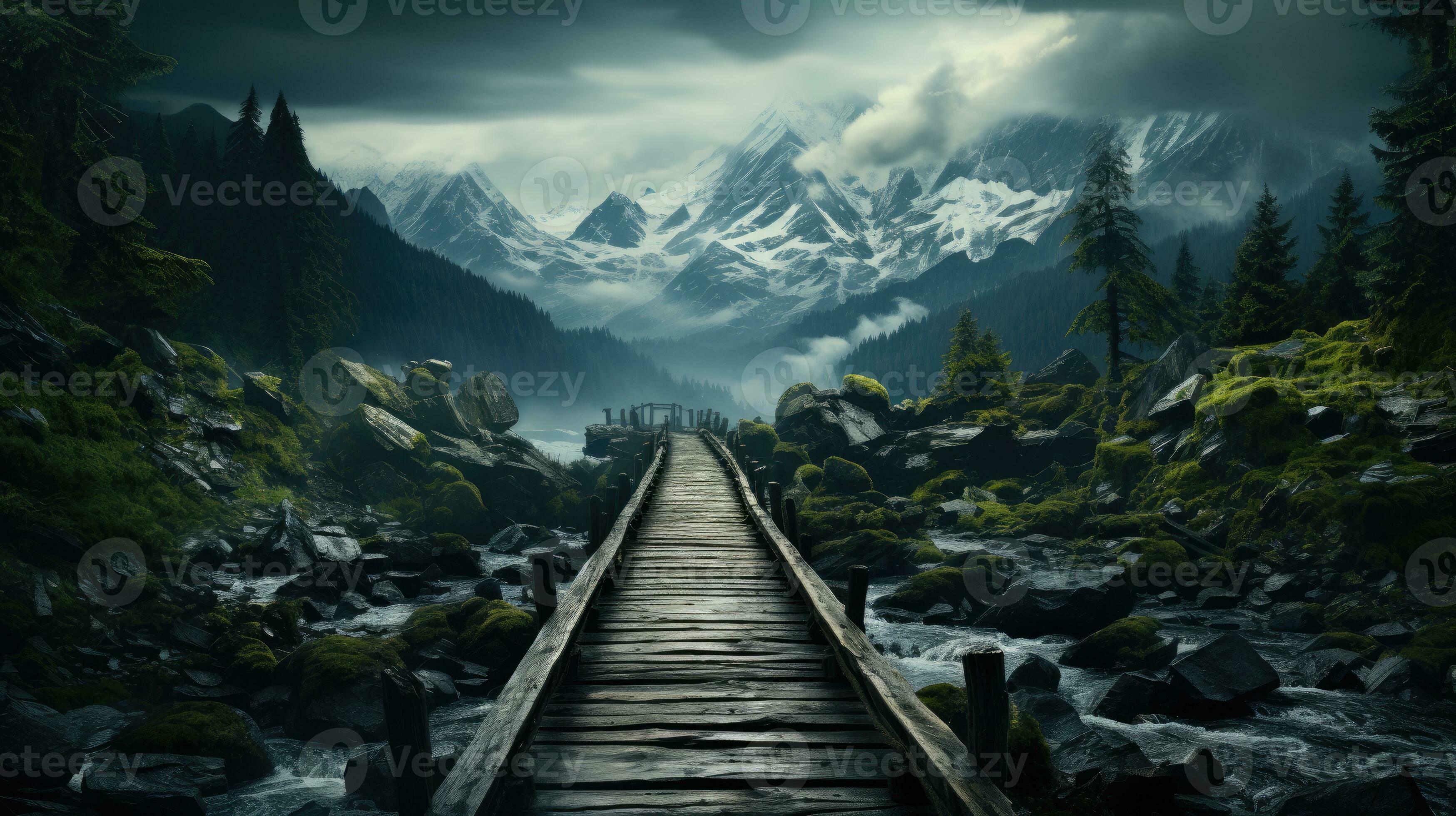 3497x1960 bridge mountains fog moody peaceful landscape freedom scene beautiful nature wallpaper photo