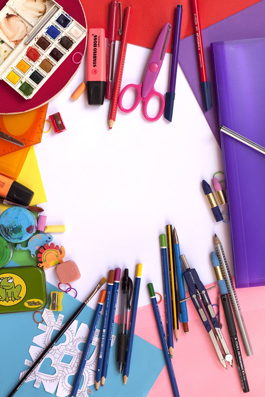 910x1365 art kit wallpaper, art, art materials, brush, color, colored pencils, colours, composition
