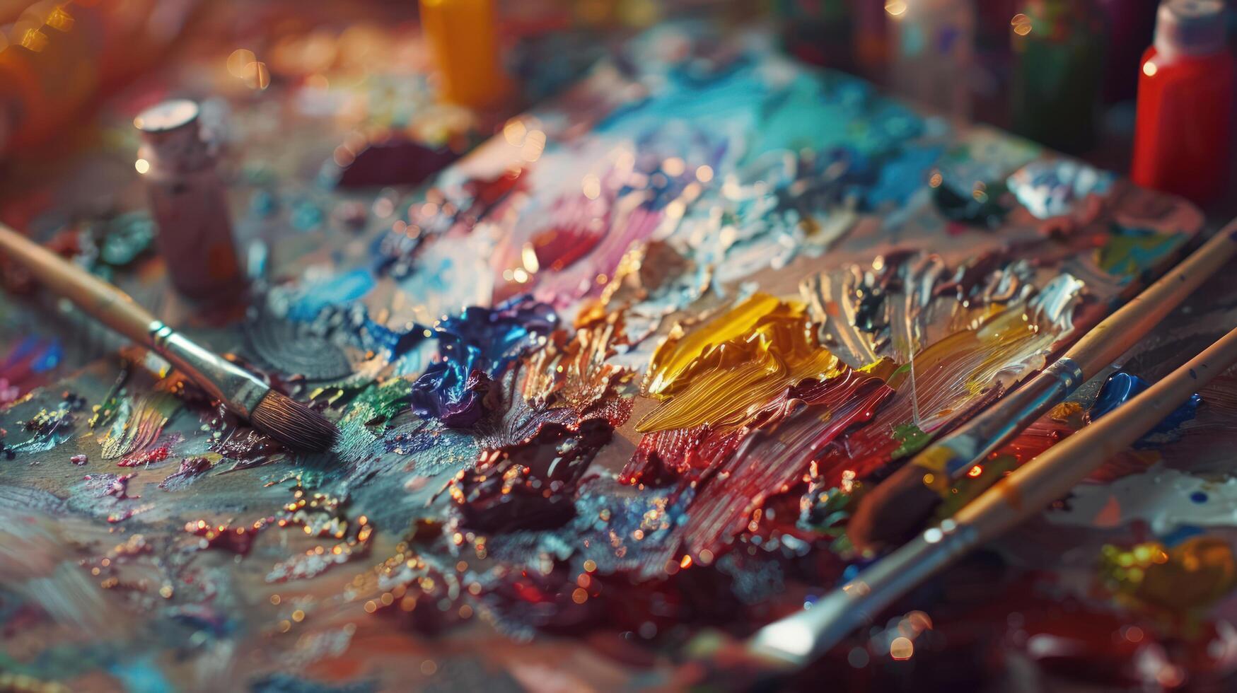 1749x980 Art palette with mixed paints and brushes creative hobby supplies overhead
