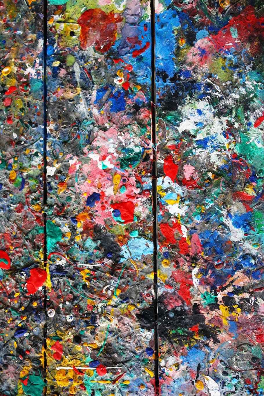 910x1366 messy, colorful, wooden, board, covered, paint splats, used, artists palette