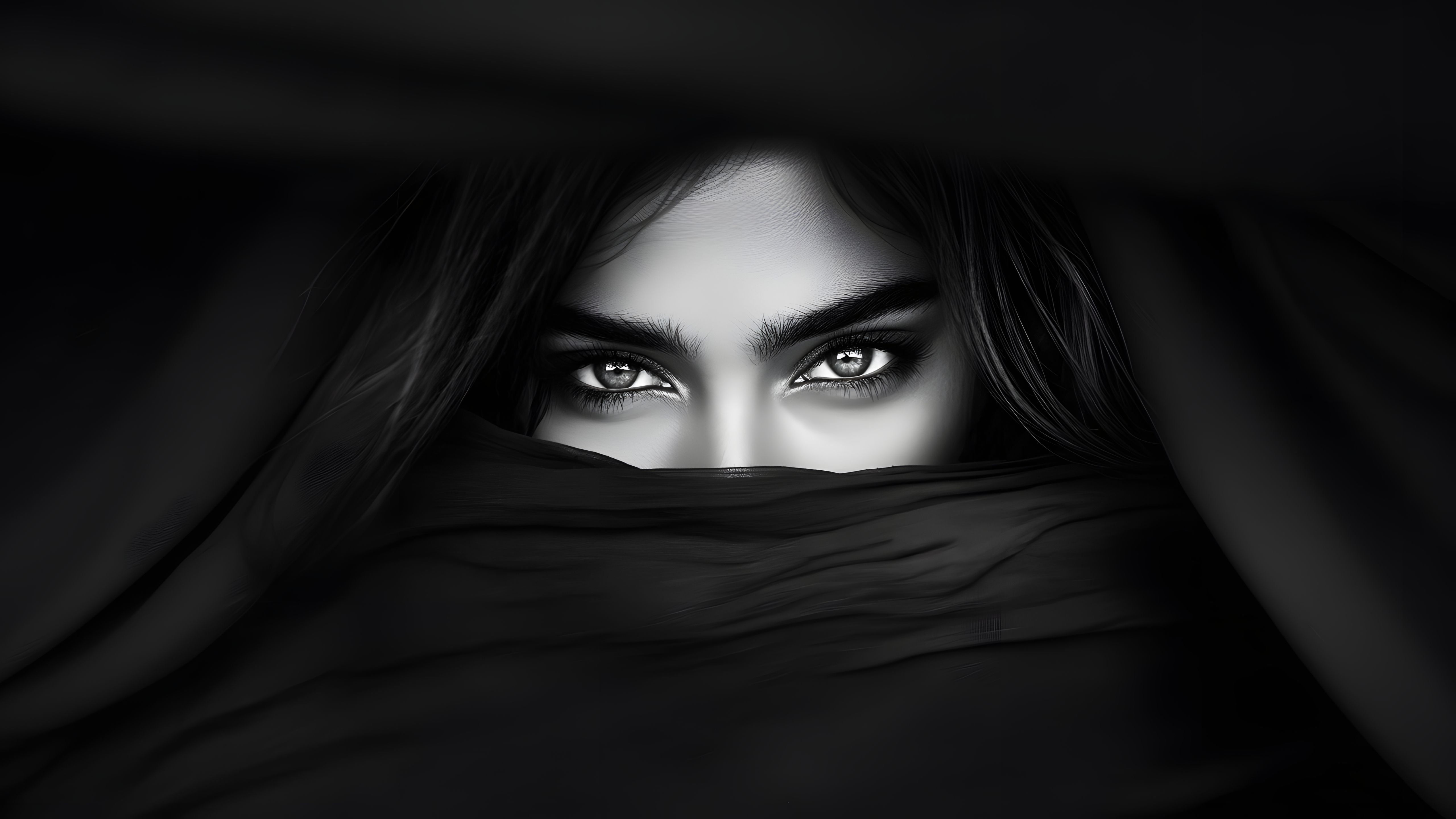 5120x2880 beautiful girl eyes covering with black cloth standing in black background 4K 5K HD black Wallpaper