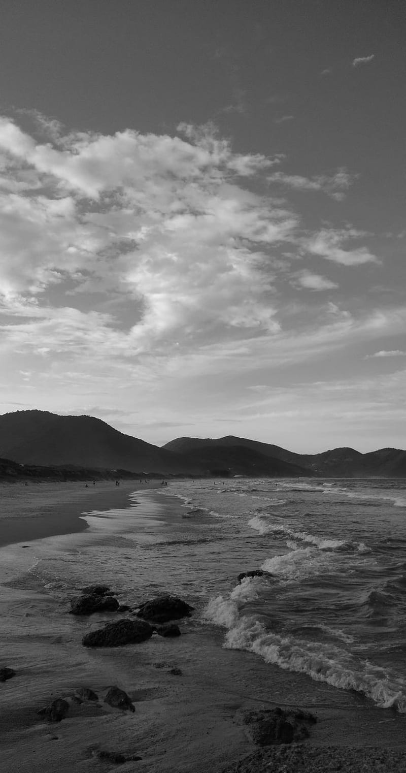 800x1522 Paisagem, beach, black, black and white, ocean, sky, white, HD phone wallpaper