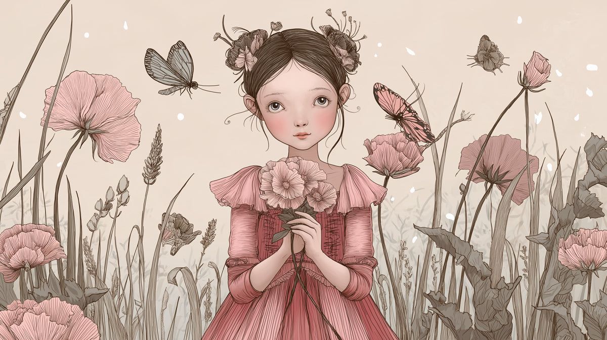 1200x673 Whimsical Girl and Poppy Flower Mural Wallpaper
