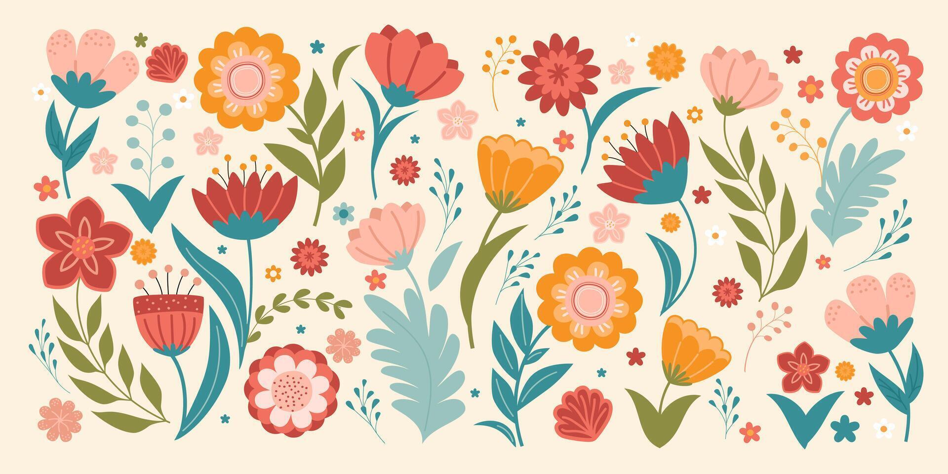 1920x960 Illustration Featuring Of Whimsical Flowers And Leaves In A Playful Style, Perfect For Wallpaper, Textiles, Or Spring Themed Designs. Groovy Abstract Flower Posters
