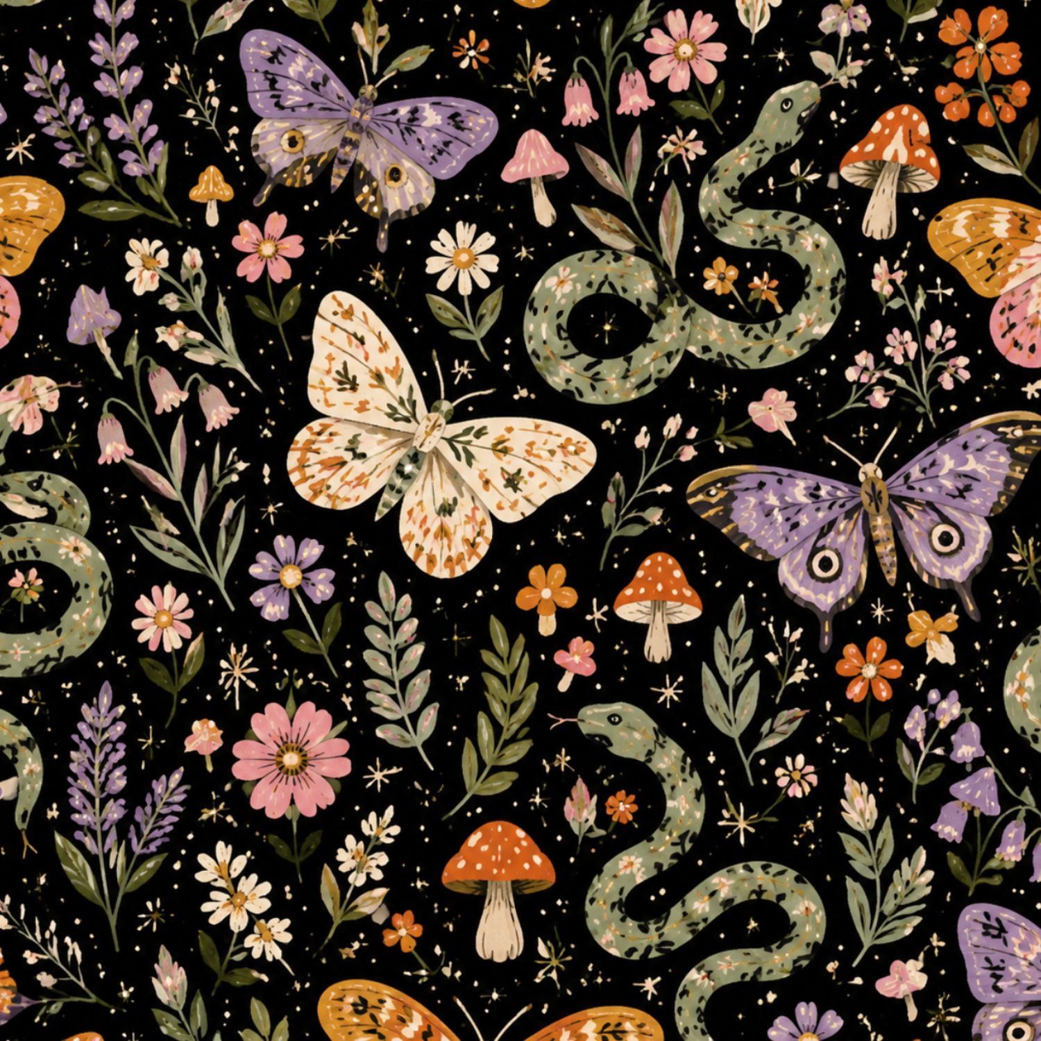 1500x1500 Peel and Stick Wallpaper Whimsical Butterflies Snakes Mushrooms Flowers Dark 17.7in x 118in Contact Paper Removable Self Adhesive Wall Mural Wall Decor for Bedroom Kitchen Cabinets