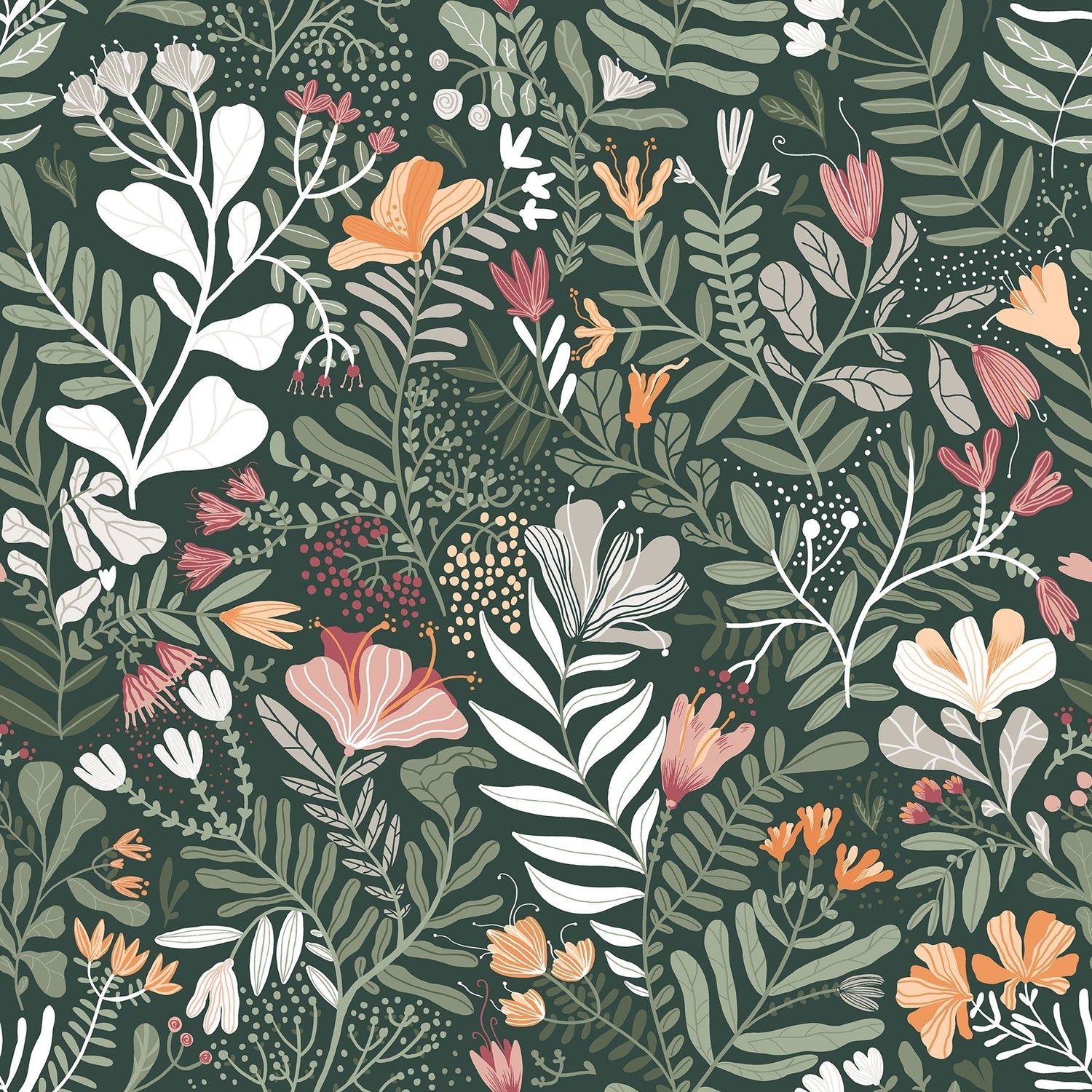 1500x1500 Brittsommar Evergreen Woodland Floral Wallpaper with Whimsical Botanic