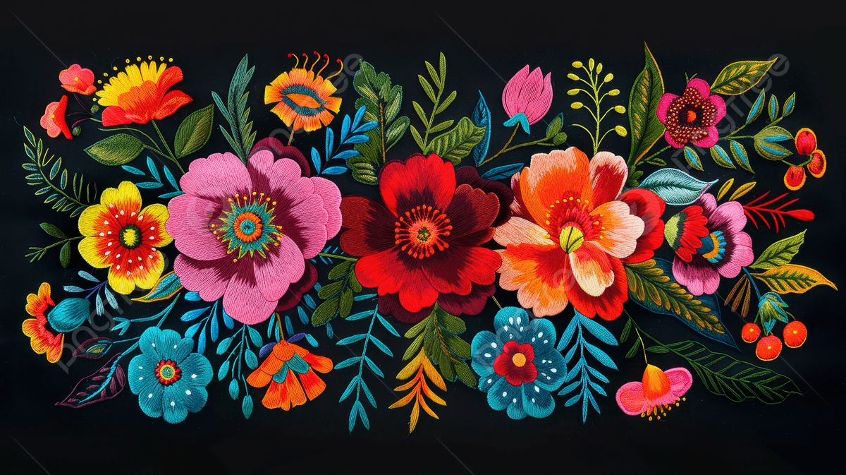 1200x673 Colorfulbright Flowers And Leaves In The Pattern Of Mexican Art On A Black Background, Bright, Flowers, Colorful Background Image And Wallpaper for Free Download