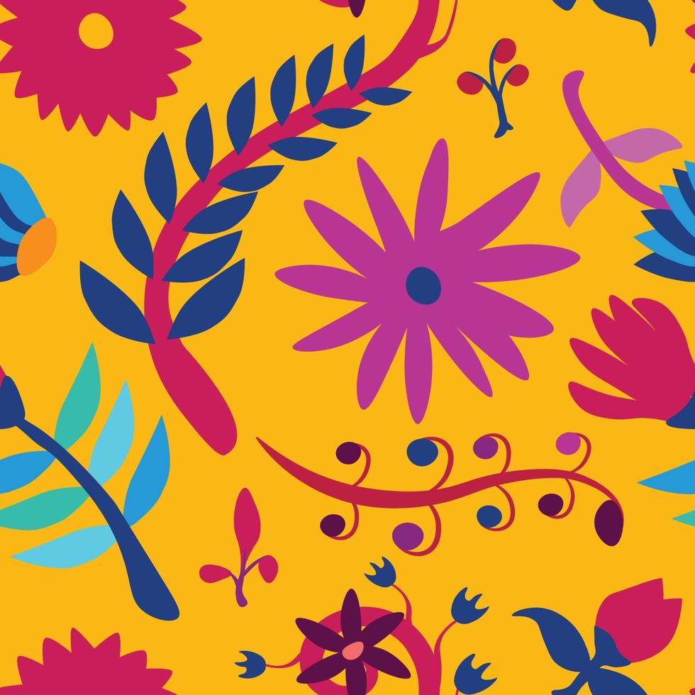 980x980 Vector seamless pattern in folklore style. Inspired by traditional Mexican Otomi embroidery. Floral and animal elements, vibrant colors