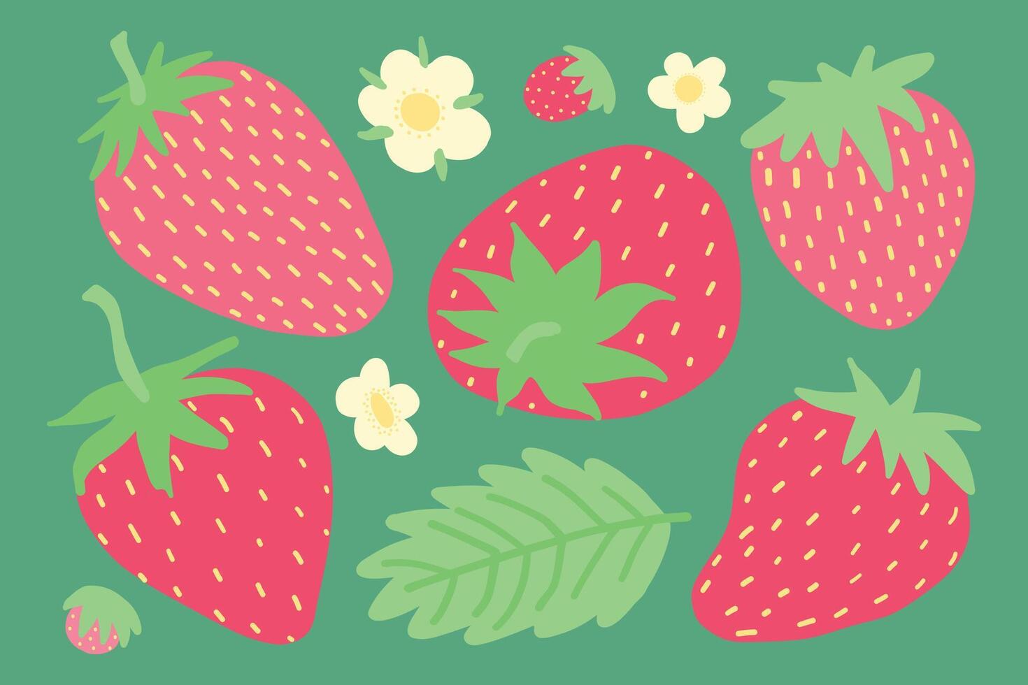 1470x980 Illustration of strawberries, flowers, and leaves on a green background. Vibrant and colorful, perfect for themes of fresh, healthy eating, summer, and nature. Ideal for decorations, creative projects 44797545 Vector Art