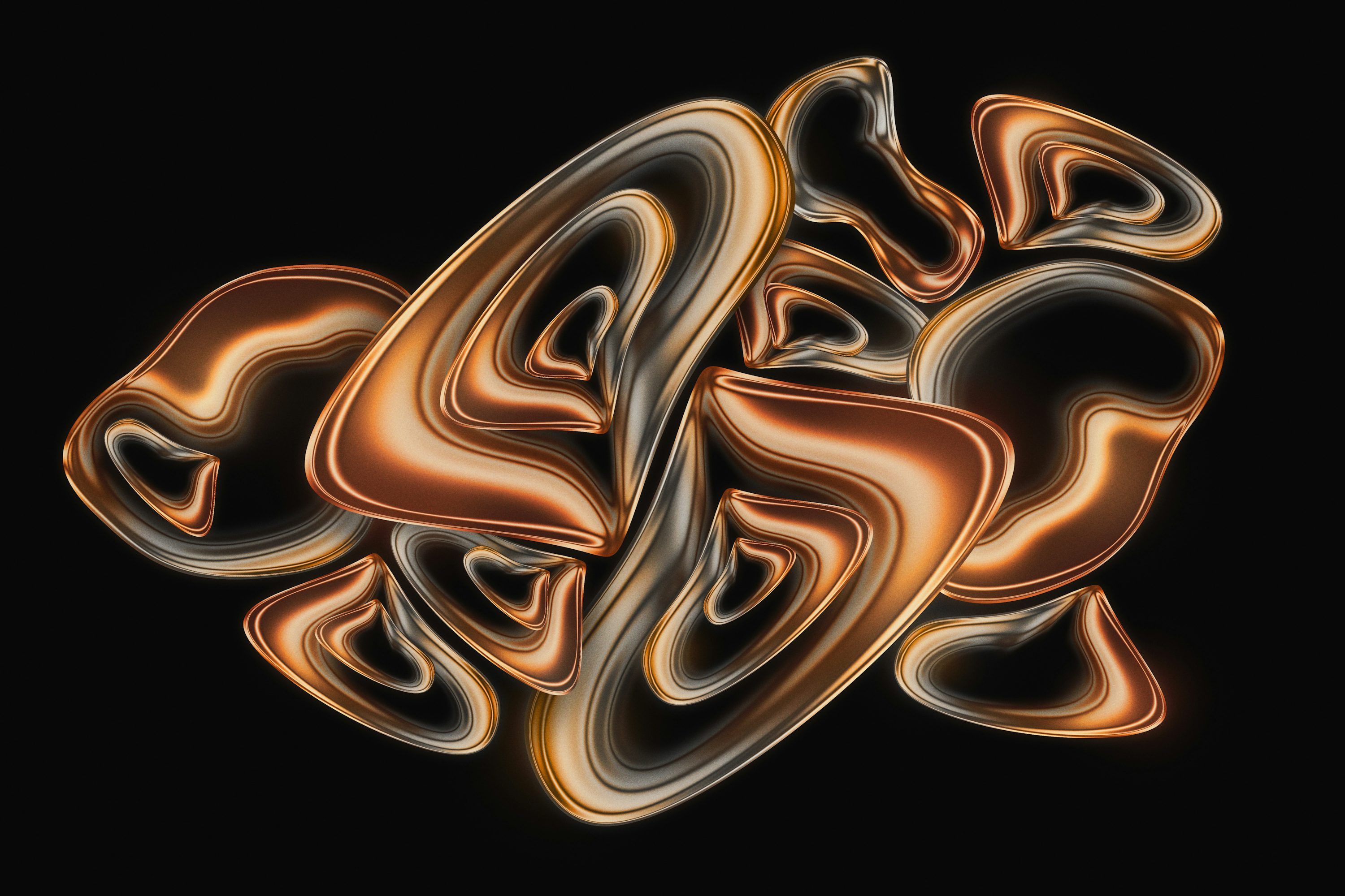 3000x2000 Abstract swirling shapes with metallic sheen on black background