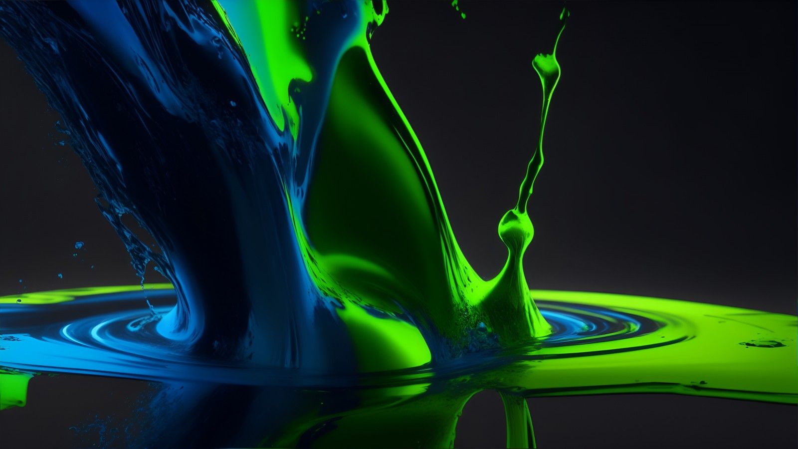 1600x900 Lime Green Electric Blue Liquid Splash Black Background 4K HD Abstract Wallpaper