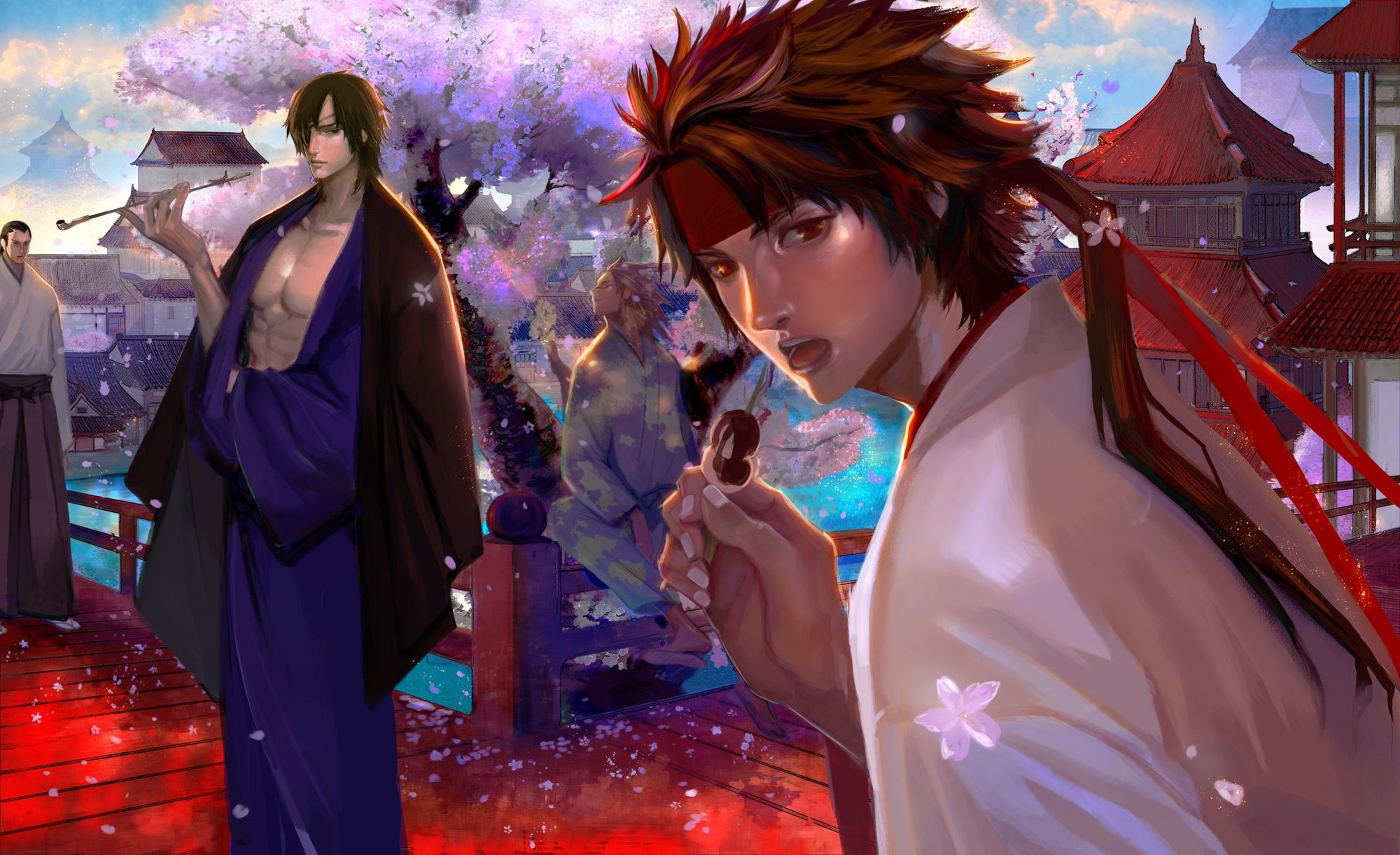 2000x1222 Wallpaper bridge, tube, Yukimura Sanada, The Era Of Unrest, kimono, Japan, flowering, petals for mobile and desktop, section сёнэн, resolution 2000x1222