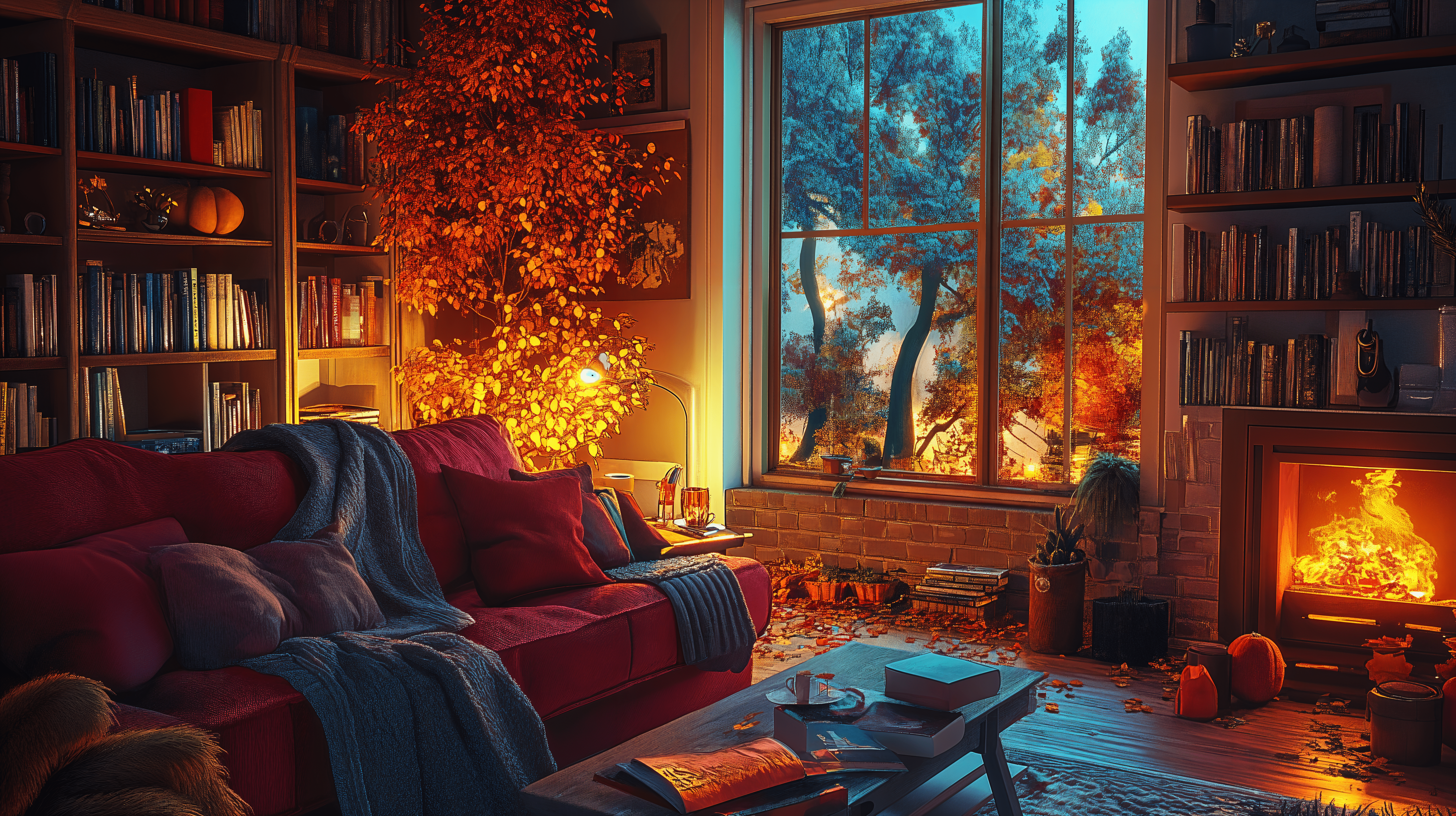 5824x3264 Cozy Autumn Vibes: 4K Ultra HD Living Room Wallpaper