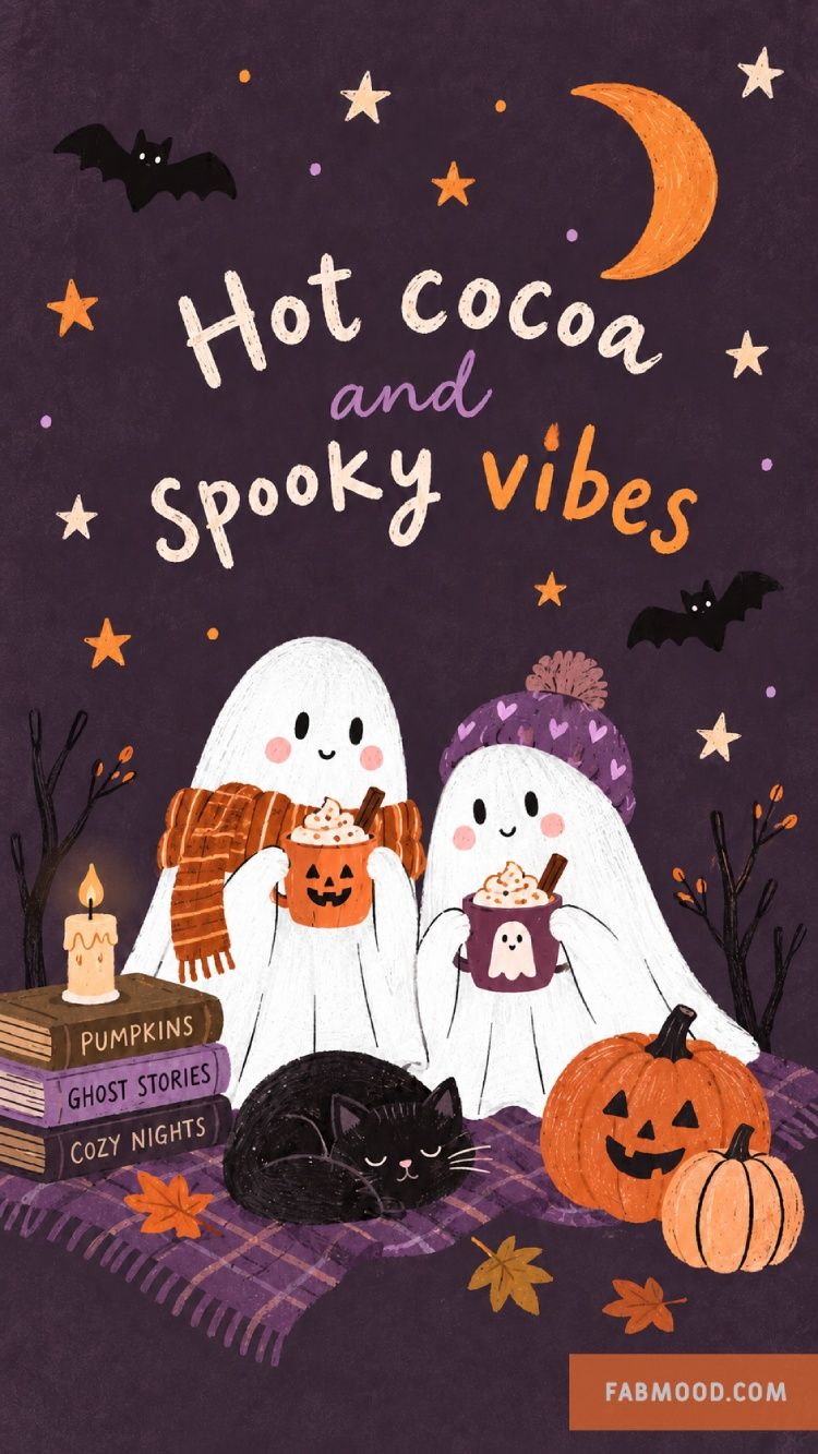 750x1333 Cozy Halloween Wallpaper : Purple Background with Cute Ghosts