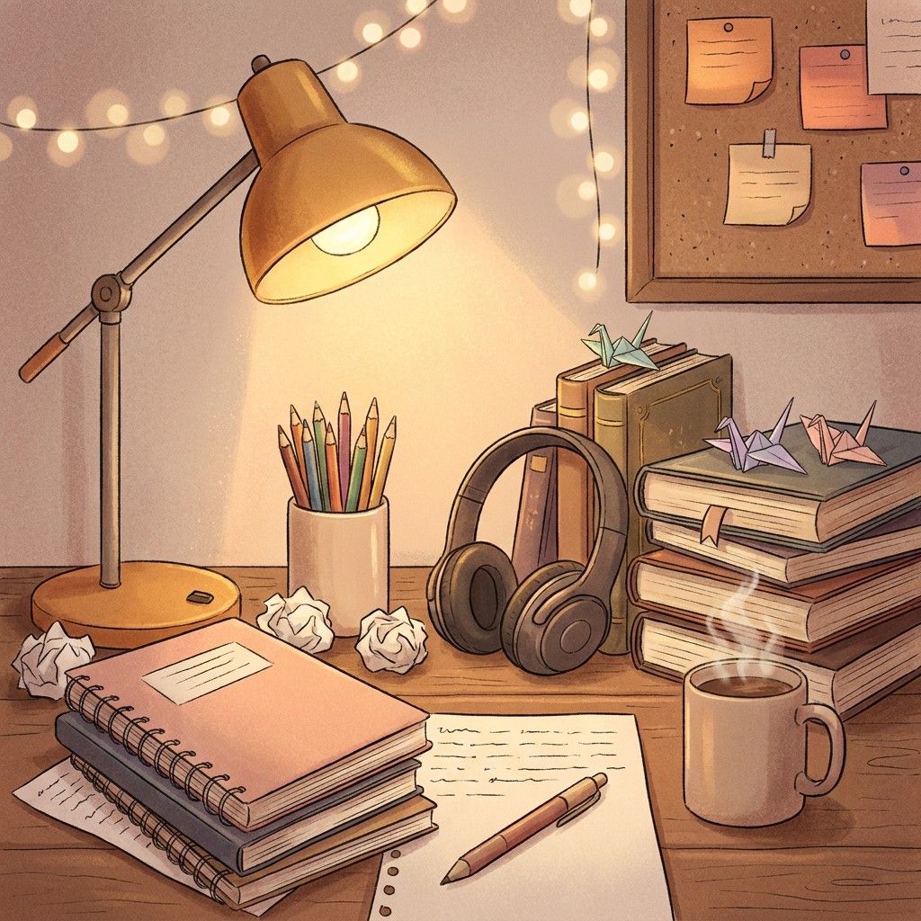 1024x1024 Download Cozy Study Vibes Image, Lofi, Desk