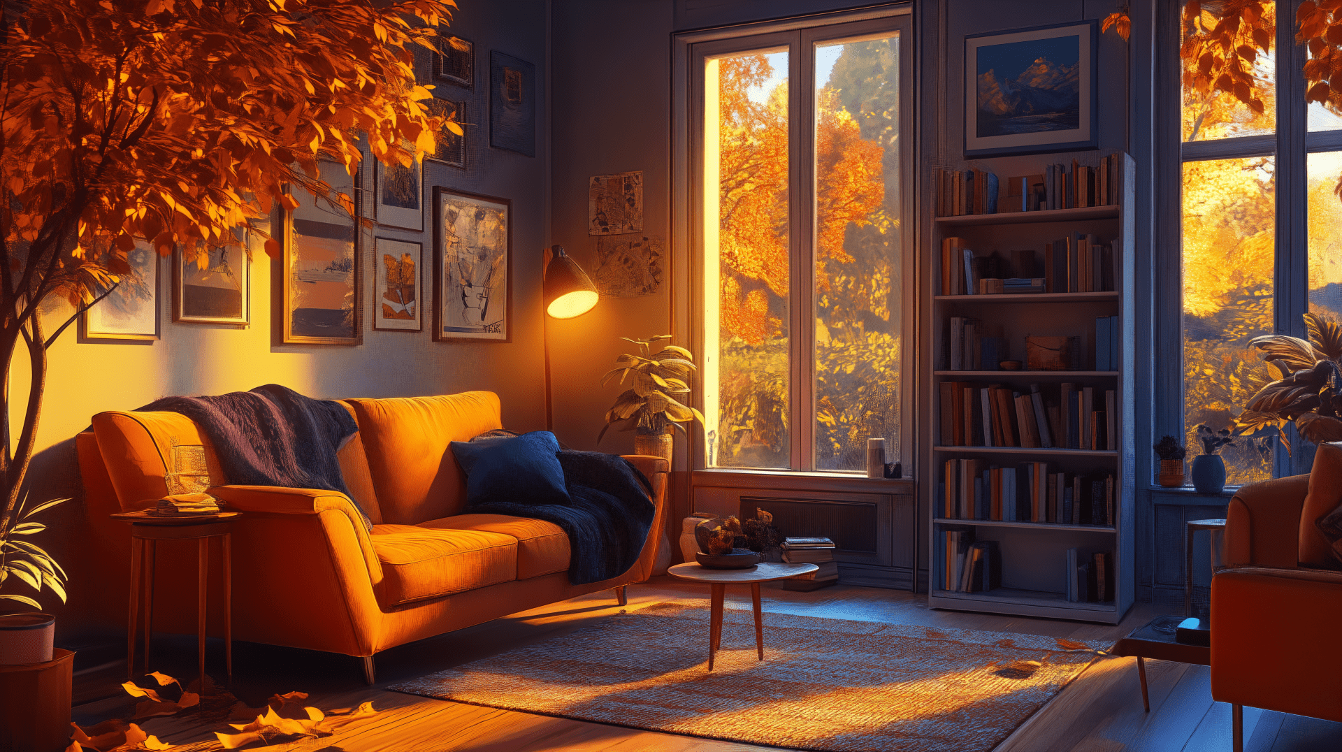 1920x1076 Cozy Autumn Aesthetic: 4K Ultra HD Living Room Wallpaper