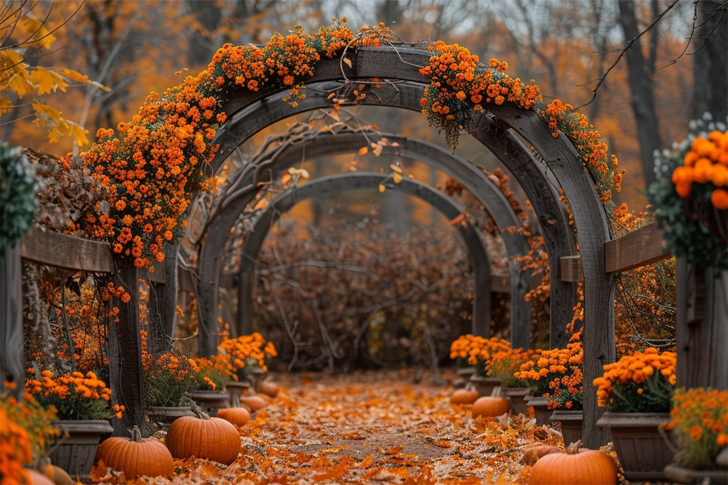 1500x1000 Fall Floral Archway Pumpkins Falling Leaves Backdrop BRP9 188