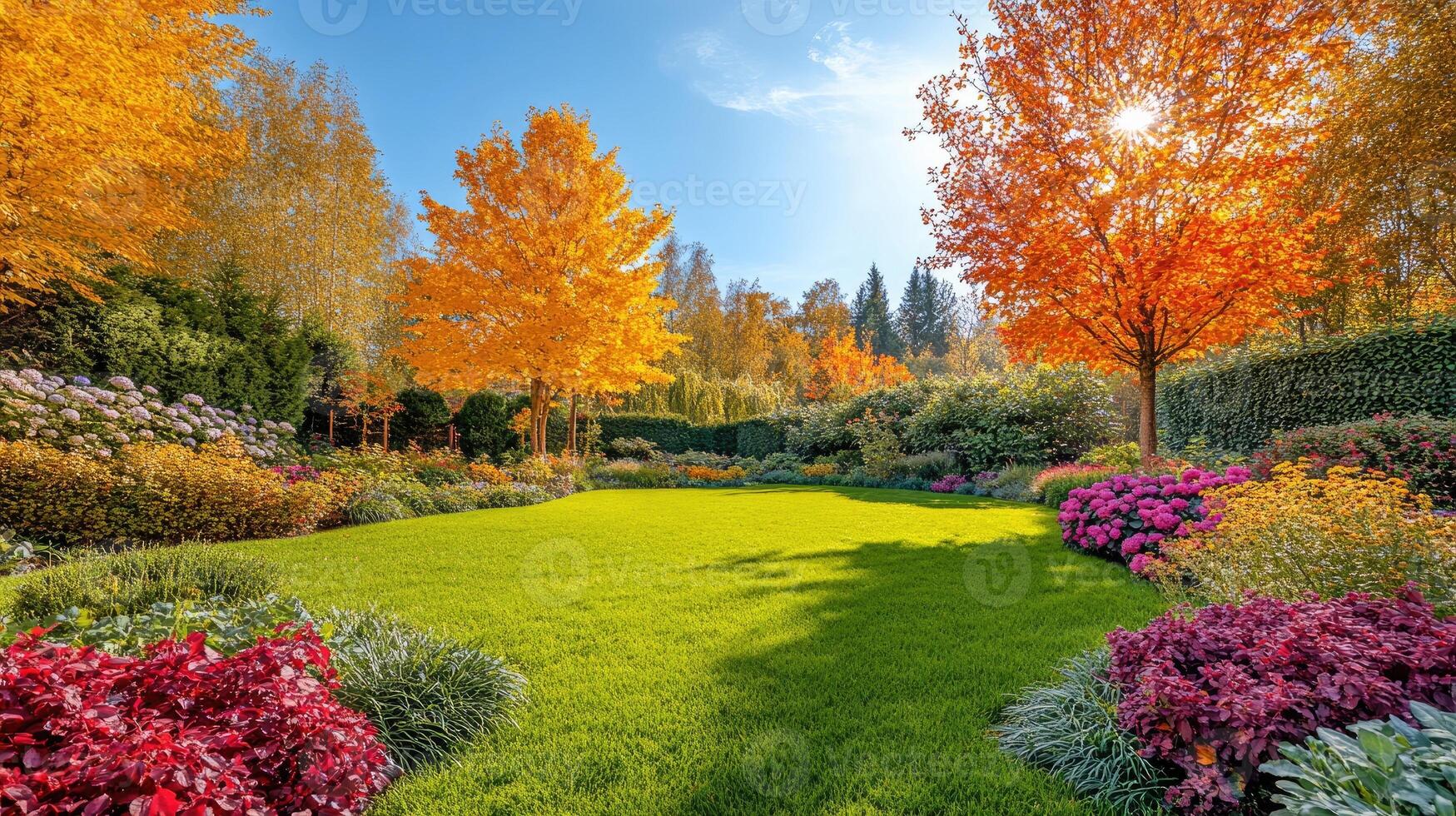 1749x980 Beautiful autumn garden with colorful trees and lush green grass shining in sunlight