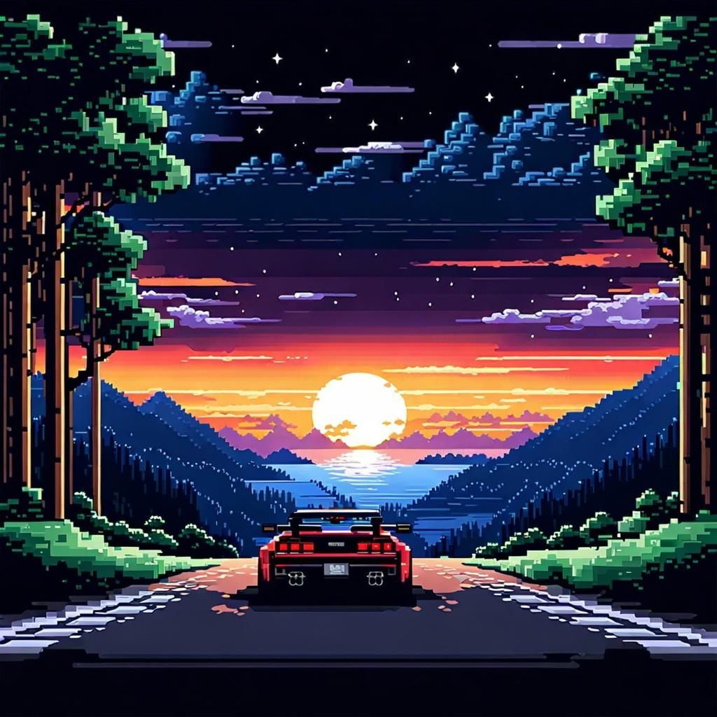 1024x1024 Pixel Car Racer At Night In 8 Bit Pixel Art