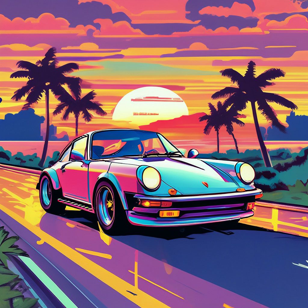 1024x1024 8bit sunset picture is clear, palm trees, porsche 911 rushes into the sunset, the illustration is very detailed