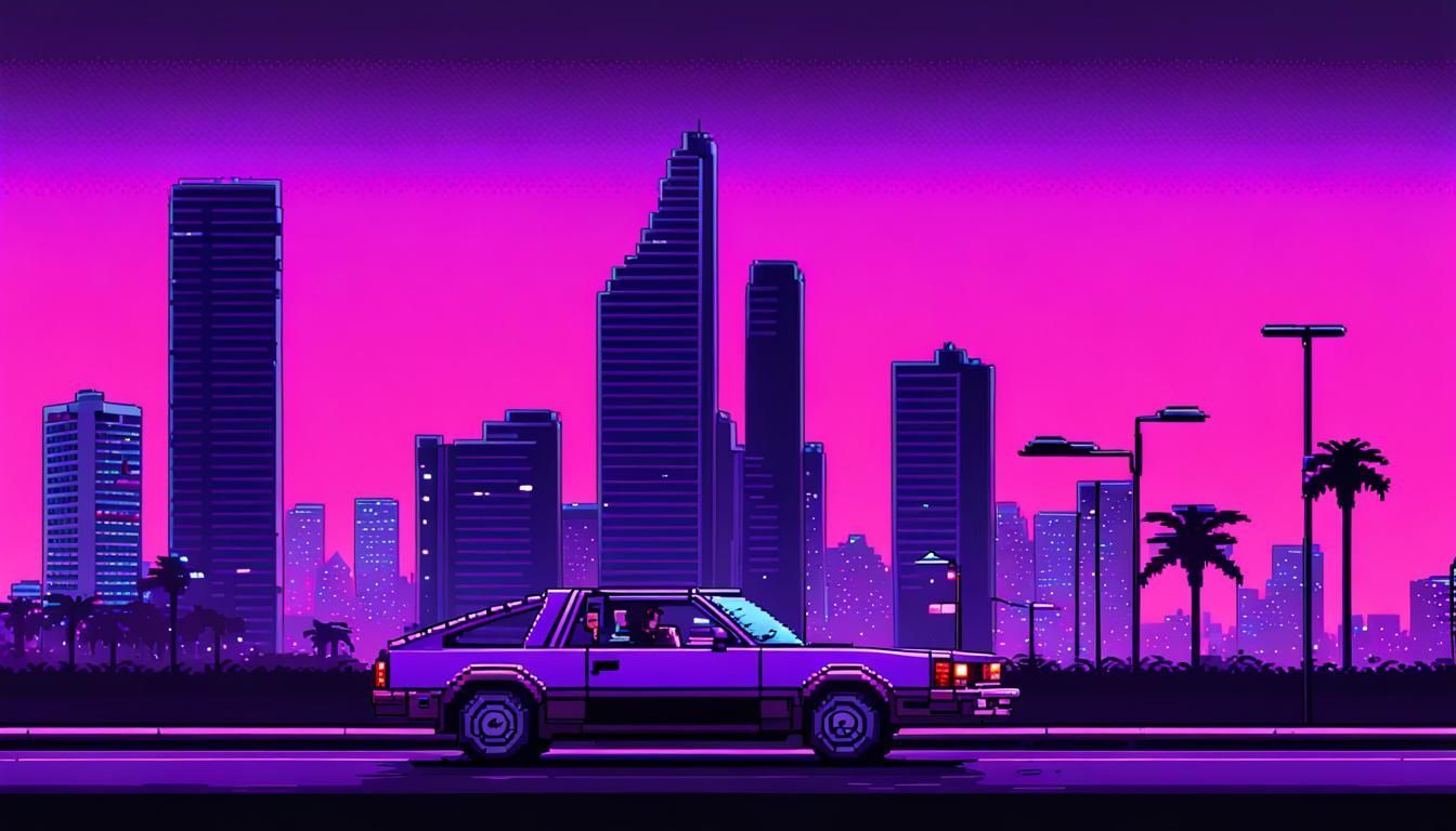 1344x768 Driving In Vice City: 8 Bit Pixel Art Of 1985