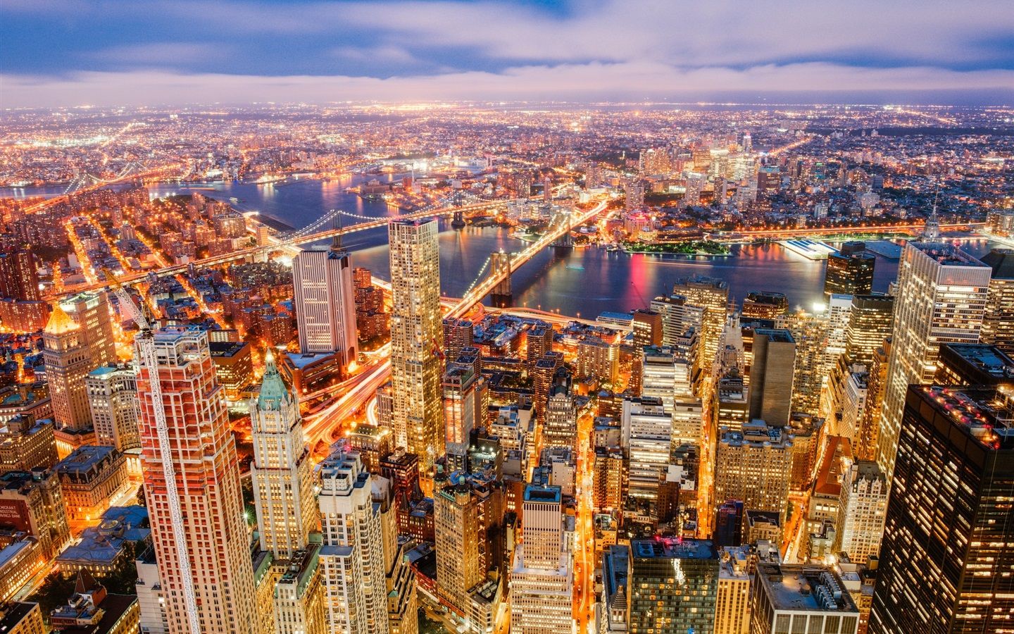 1440x900 Wallpaper Hudson river, New York, city night, skyscrapers, bridge, roads, lights, USA 1920x1200 Picture, Image