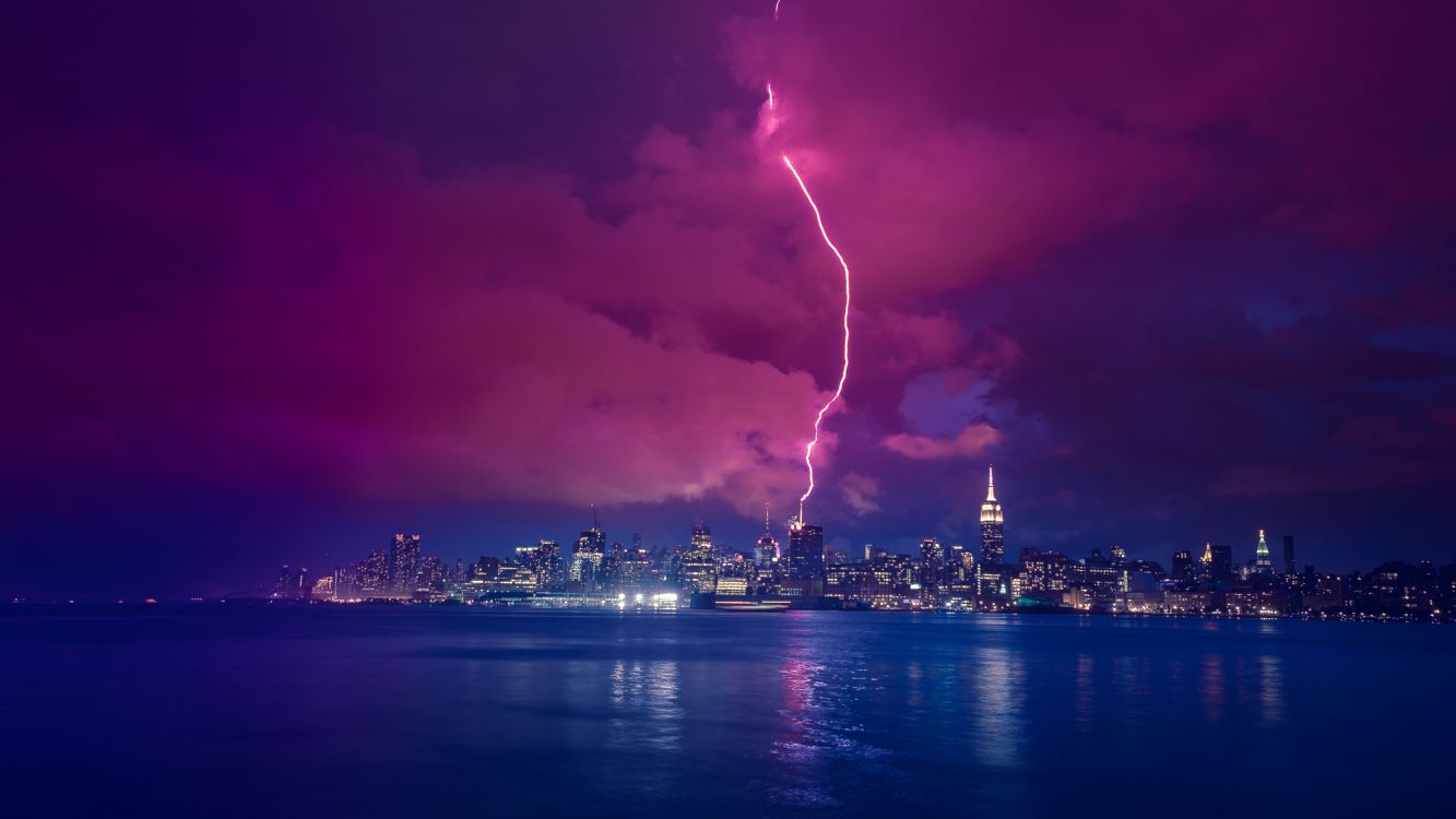 1333x750 Wallpaper Hudson River, Lightning, Skyline, Thunder, Thunderstorm, Background Free Image