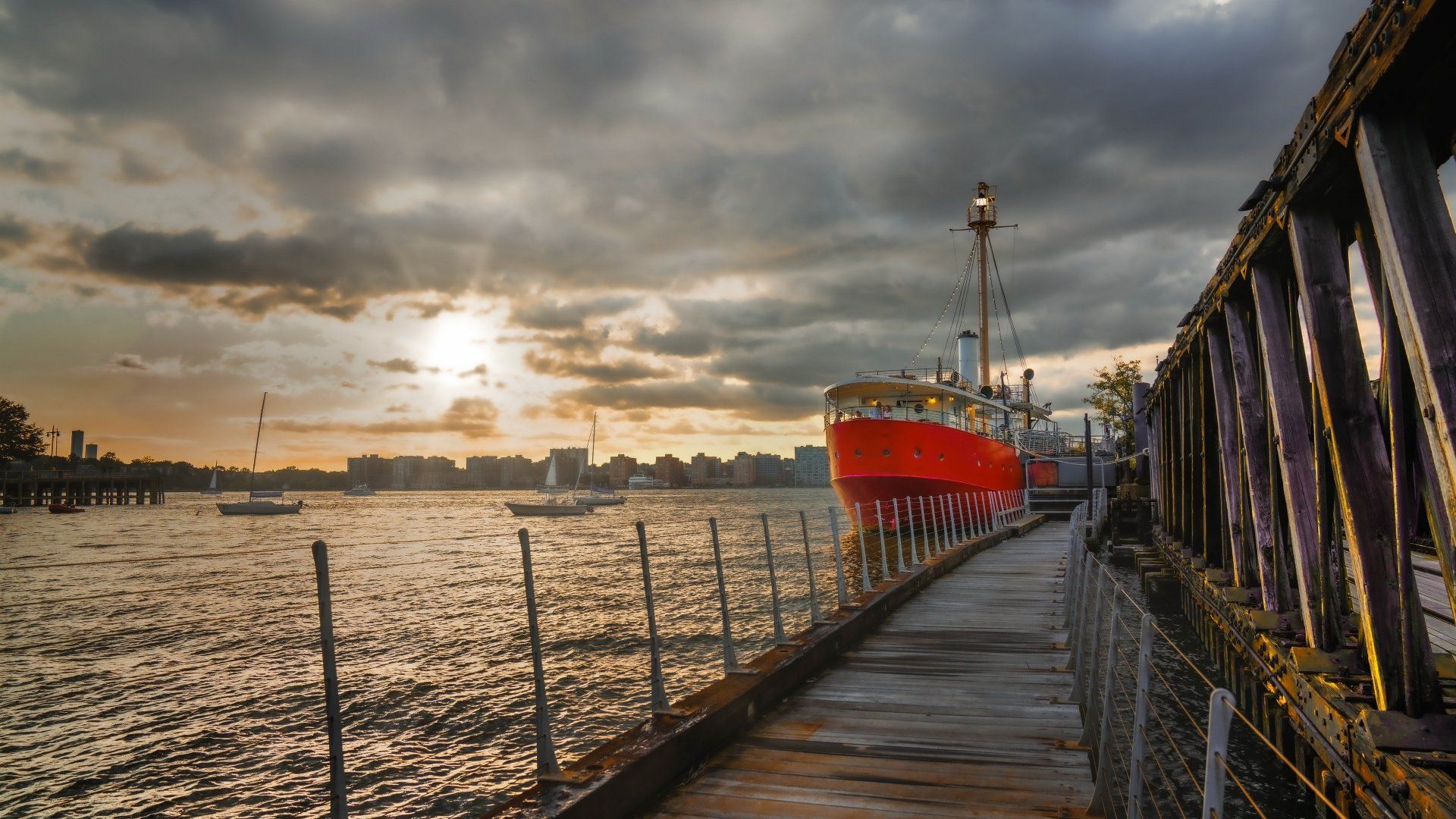 1920x1080 Download Motor Ship Pier New York Sunset Hudson River Vehicle Ship 4k Ultra HD Wallpaperx2160