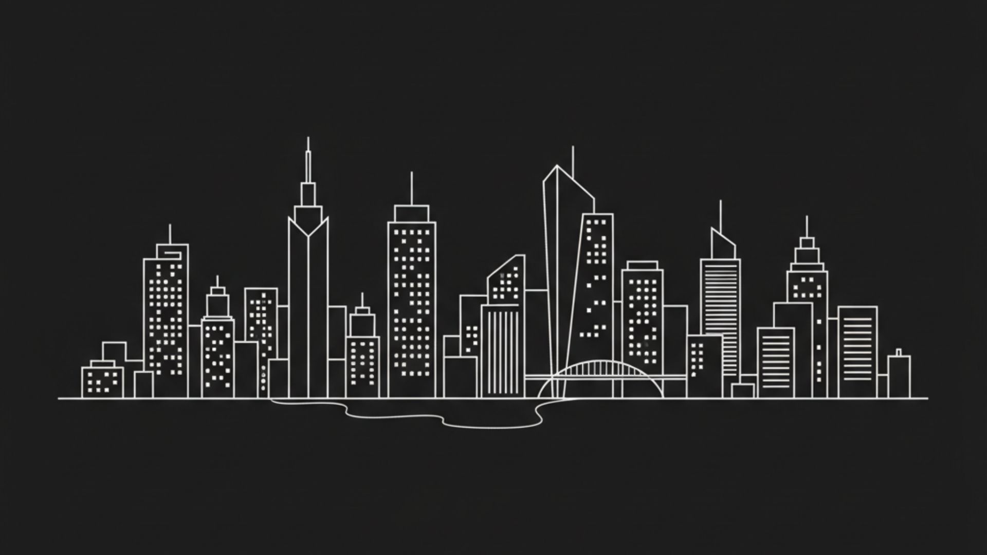 1920x1080 Minimalist white line art of city skyline on deep black canvas HD plain black Wallpaper