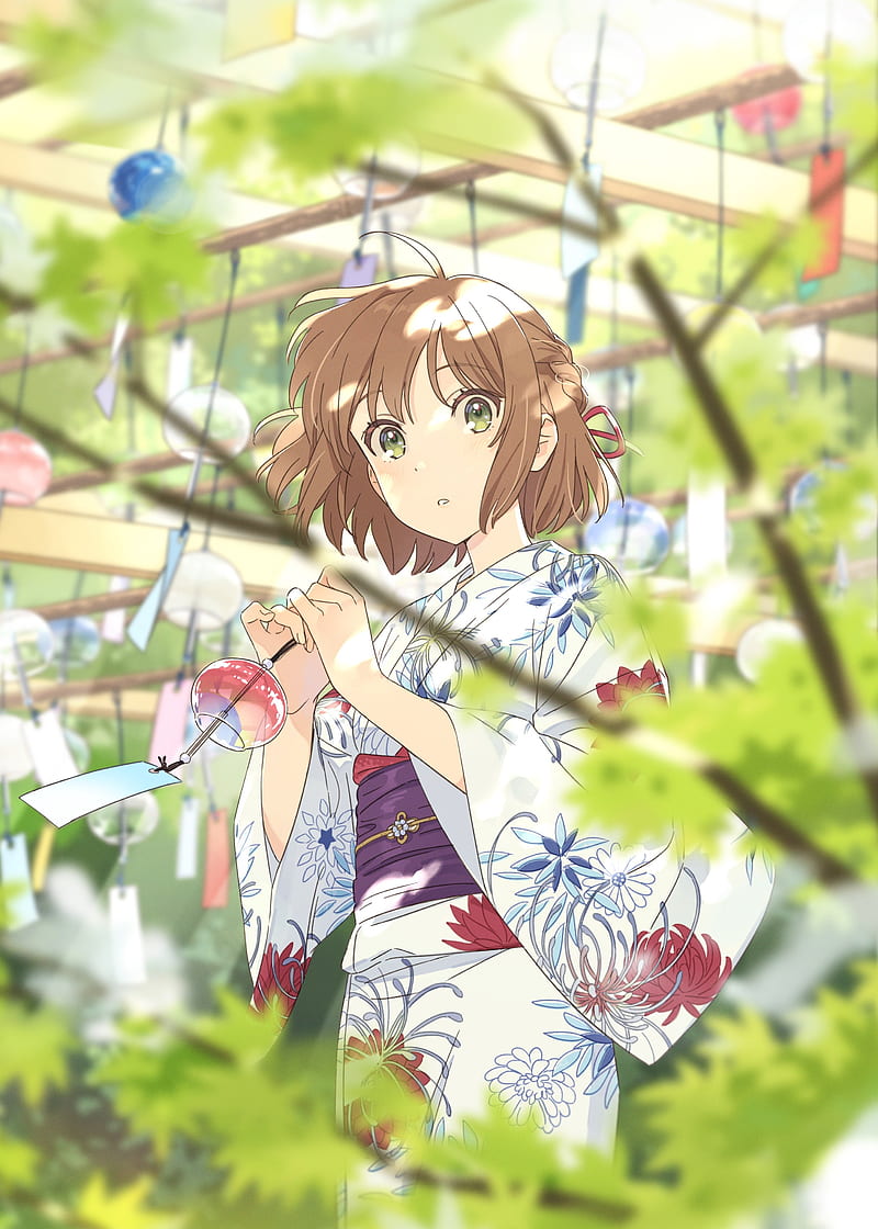 800x1120 Cute anime girl, yukata, short brown hair, blurry leaves, Anime, HD phone wallpaper