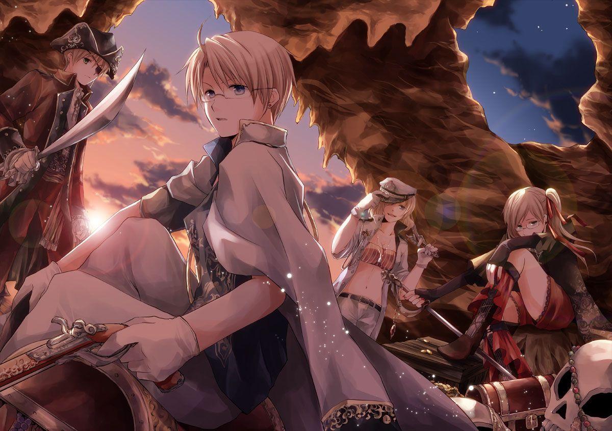 1200x846 america (hetalia) anthropomorphism axis powers hetalia england (hetalia) eyepatch glasses gun hat iroha (shiki) jpeg artifacts male skull sunset sword tagme weapon. konachan.com.com Anime Wallpaper
