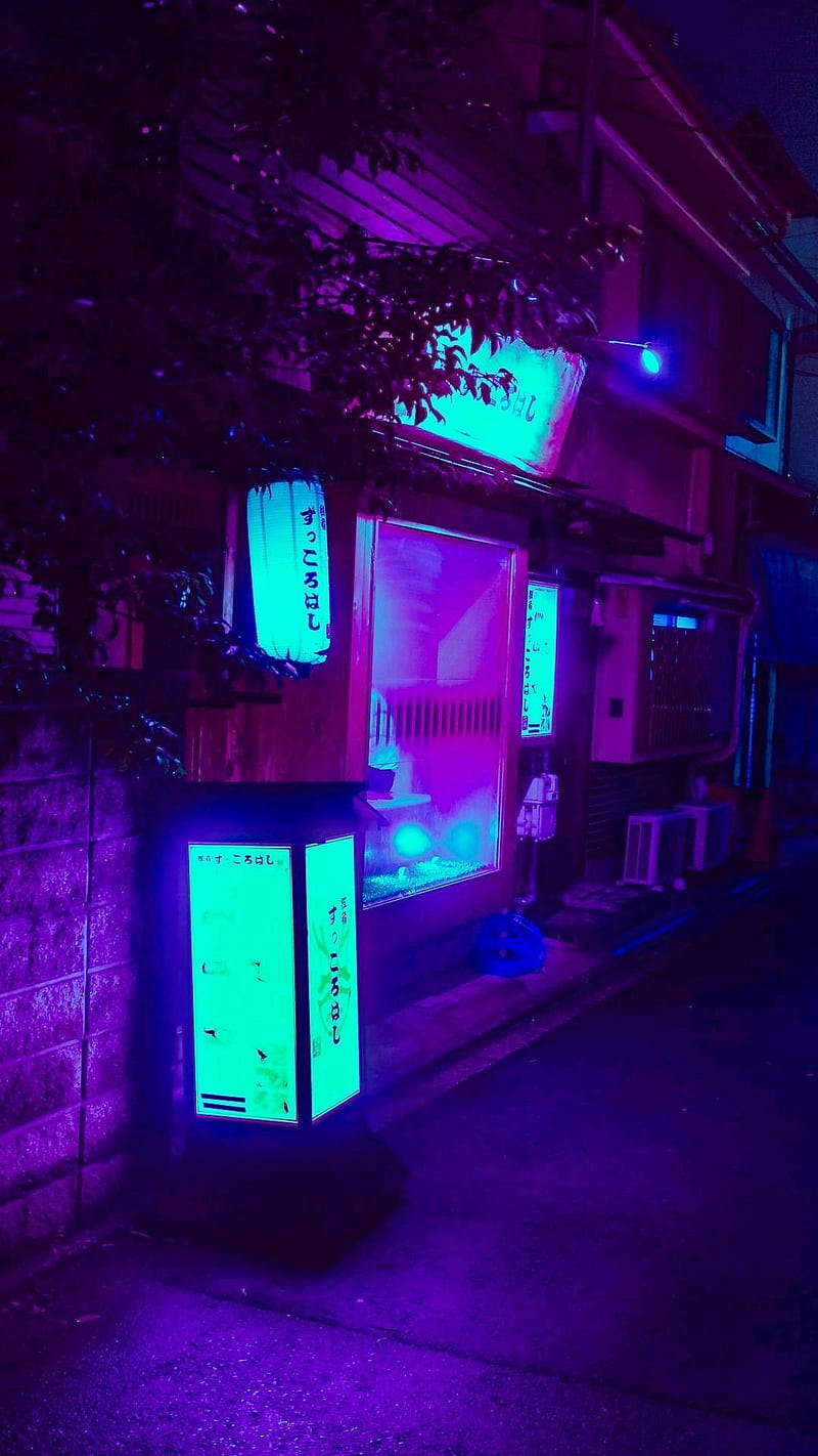 800x1422 Shop at night, aesthetic, blue, japanese, purple, HD phone wallpaper