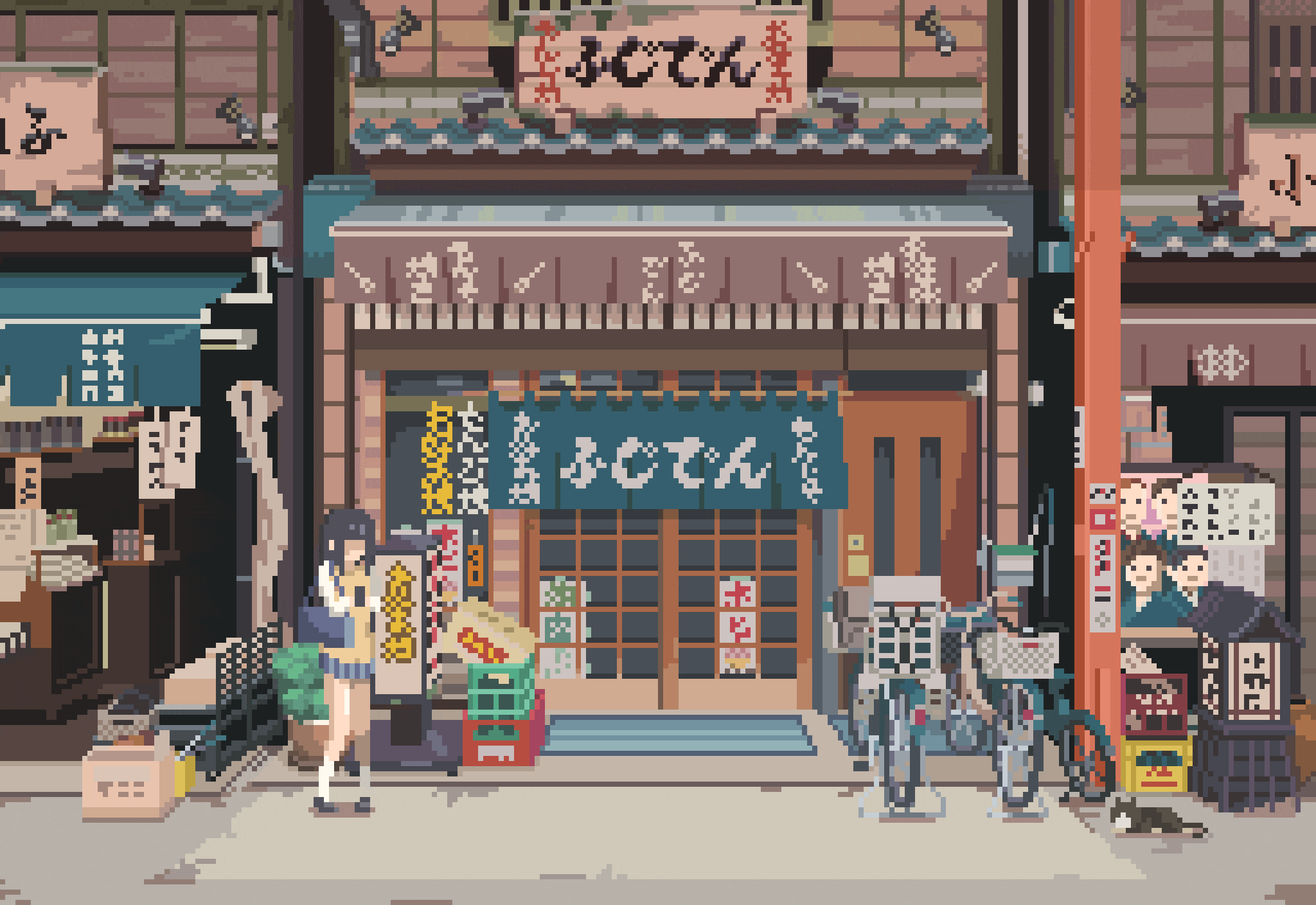 2048x1408 Pixel art shop background. Japanese building pixel art, Pixel art sushi shop, Concept