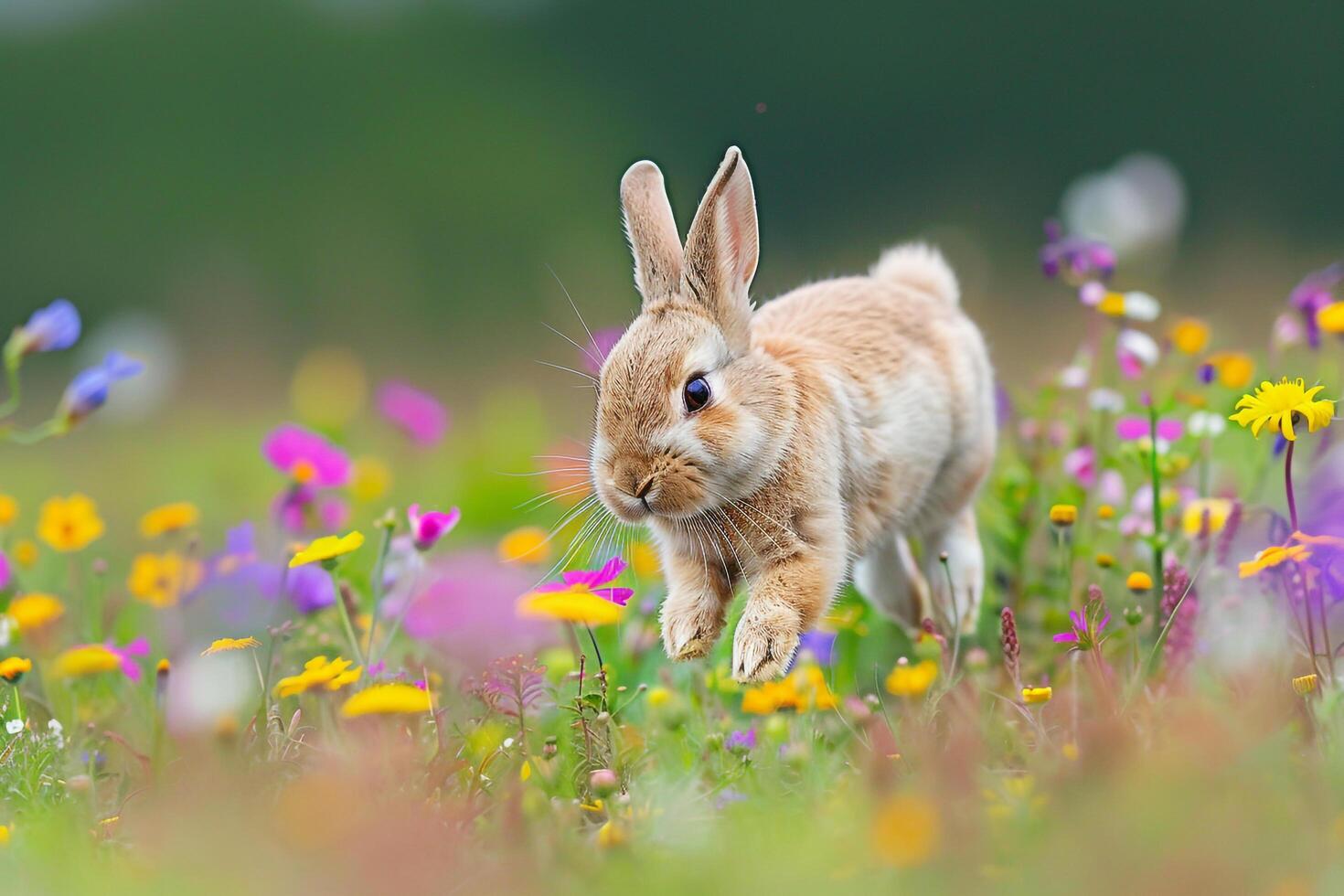 1470x980 Playful Background Holland Lop rabbit hopping joyfully through meadow of wildflowers cotton tail bobbing in the breeze