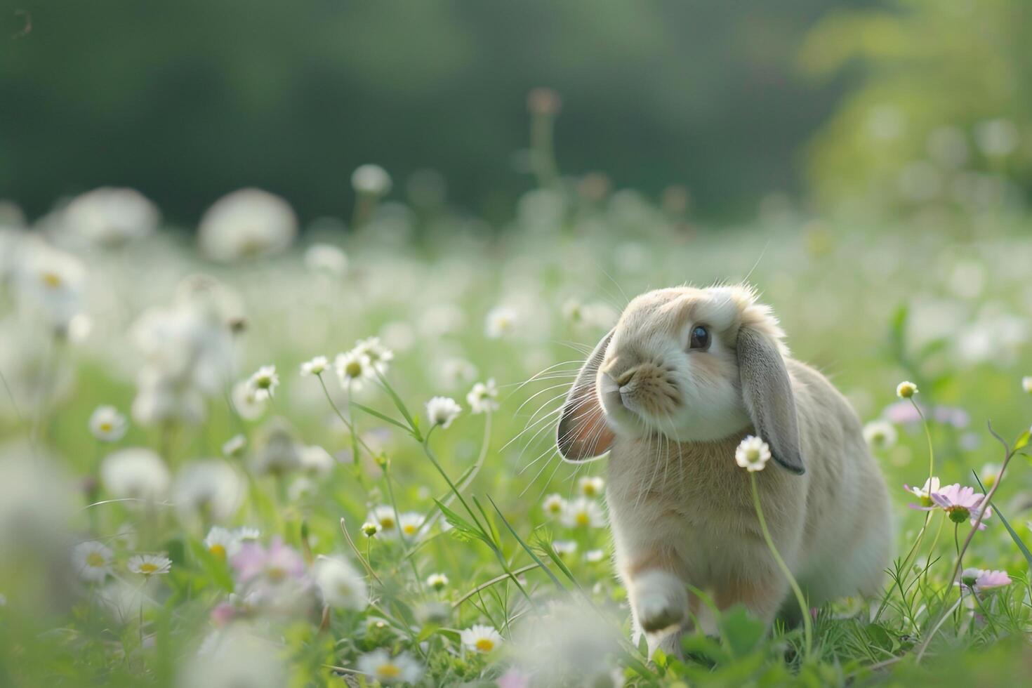 1470x980 Playful Background Holland Lop rabbit hopping joyfully through meadow of wildflowers cotton tail bobbing in the breeze