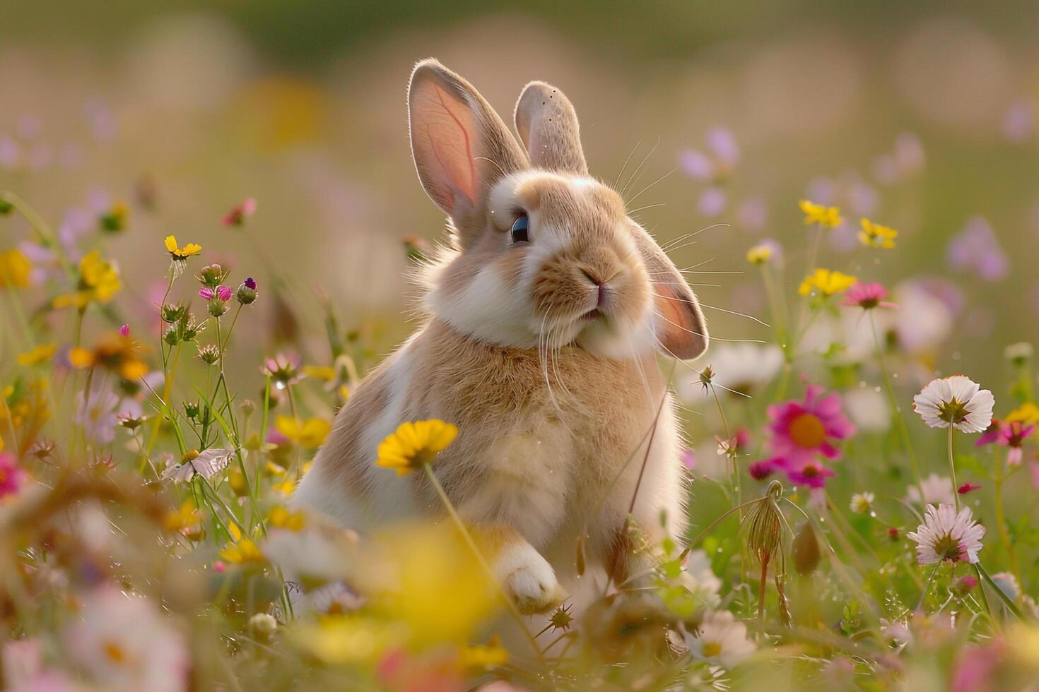 1470x980 Playful Background Holland Lop rabbit hopping joyfully through meadow of wildflowers cotton tail bobbing in the breeze