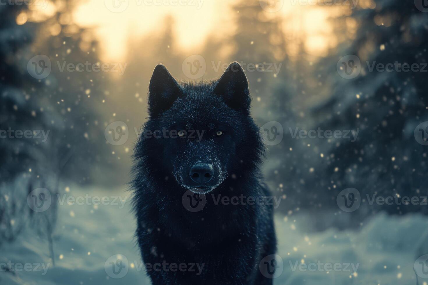 1470x980 Dark wolf stands in a snowy forest. Snow falls gently around the wild animal with trees in the background and sunlight