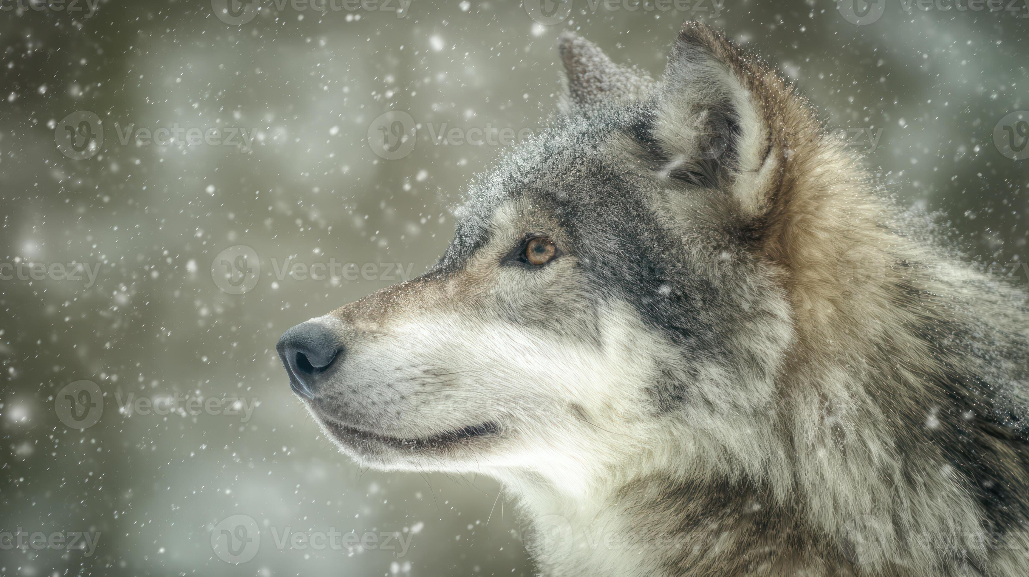 3497x1960 a wolf is looking up at the sky in the snow