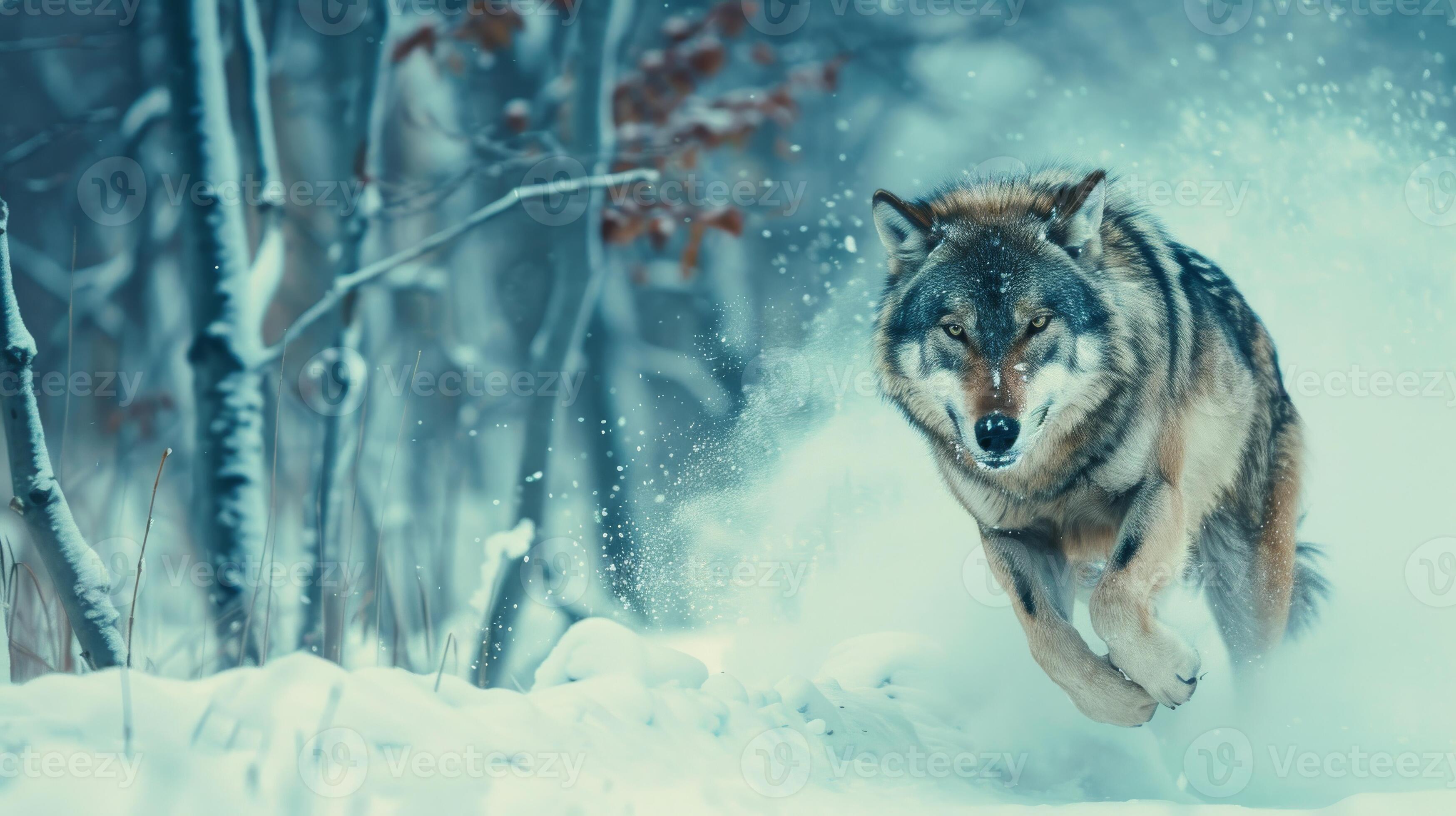 3497x1960 Majestic Wolf Running Through Snowy Forest Winter Wildlife Nature Photography for Posters and Prints