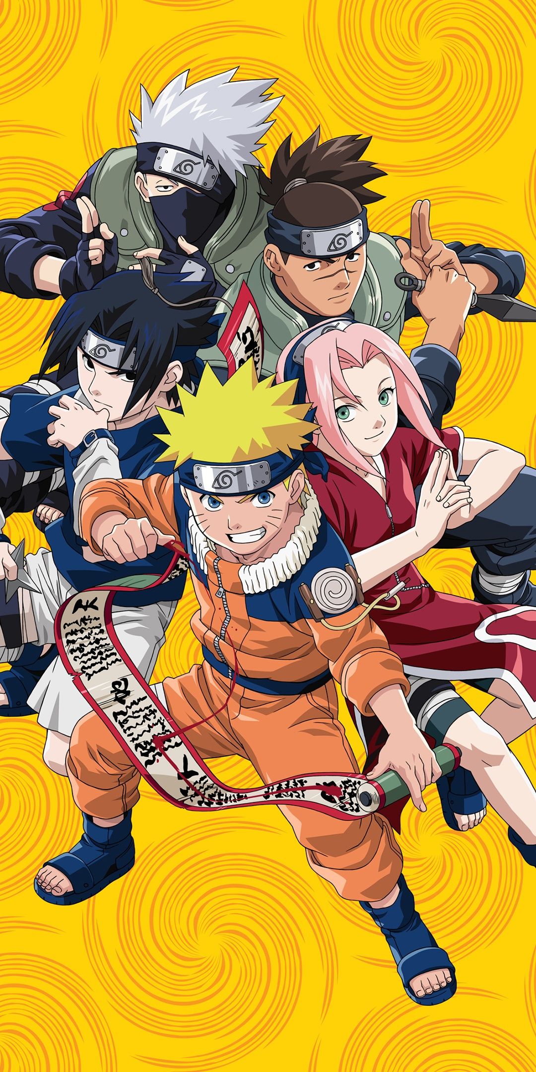 1080x2160 Naruto Team 7 Wallpaper 4K, Yellow background, Kakashi Hatake