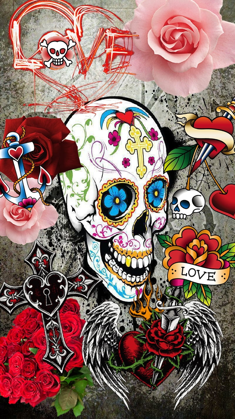 800x1422 Slim Shady, heartd, love, pink, red, roses, skull, sugar, sword, HD phone wallpaper