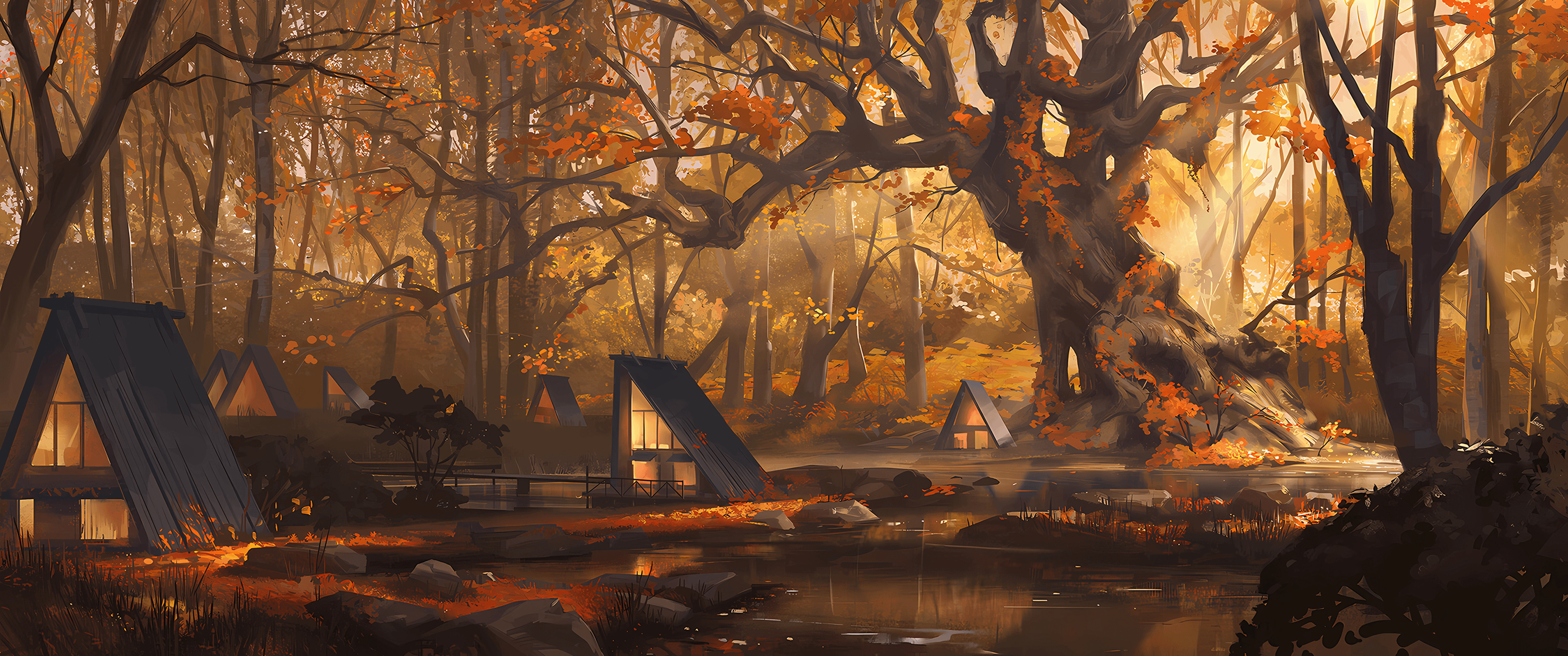 3440x1440 Cabin in autumn in the forest [3440x1440]