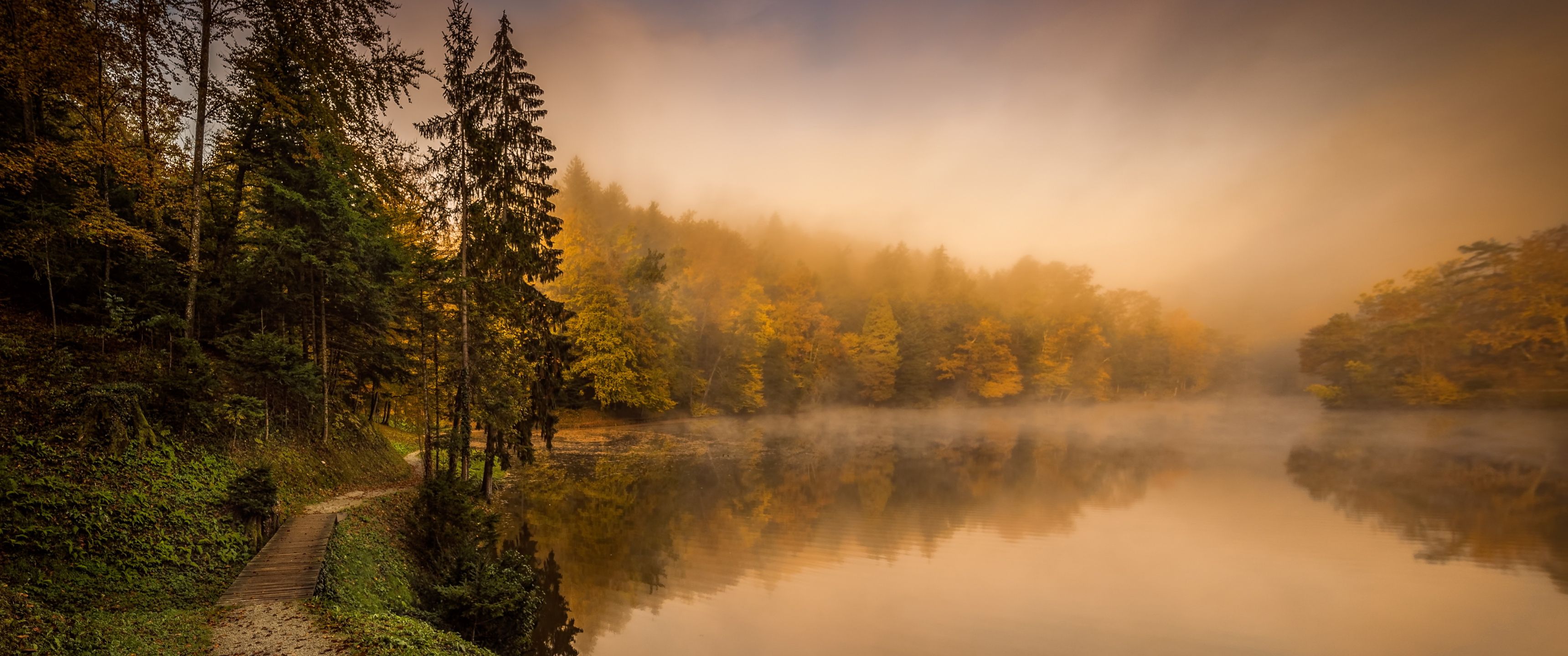 3440x1440 Download Autumn Morning Fog, Autumn Time, Autumn, Fog, River, Nature, Wallpaper 4k Wallpaper In 3440x1440 Resolution